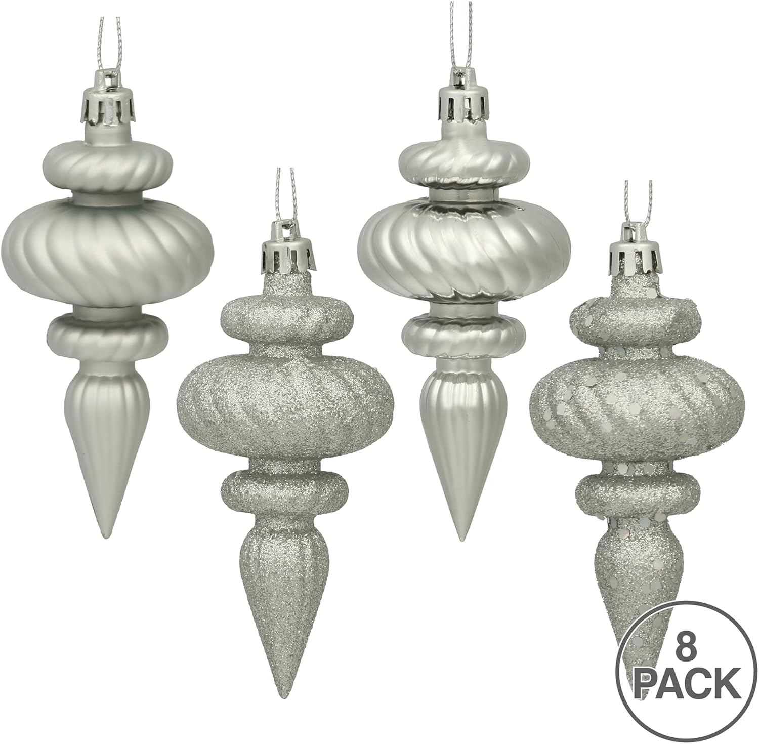 Vickerman 4-Inch Silver Finial Ornament Set - 8 Pack with 4 Finishes