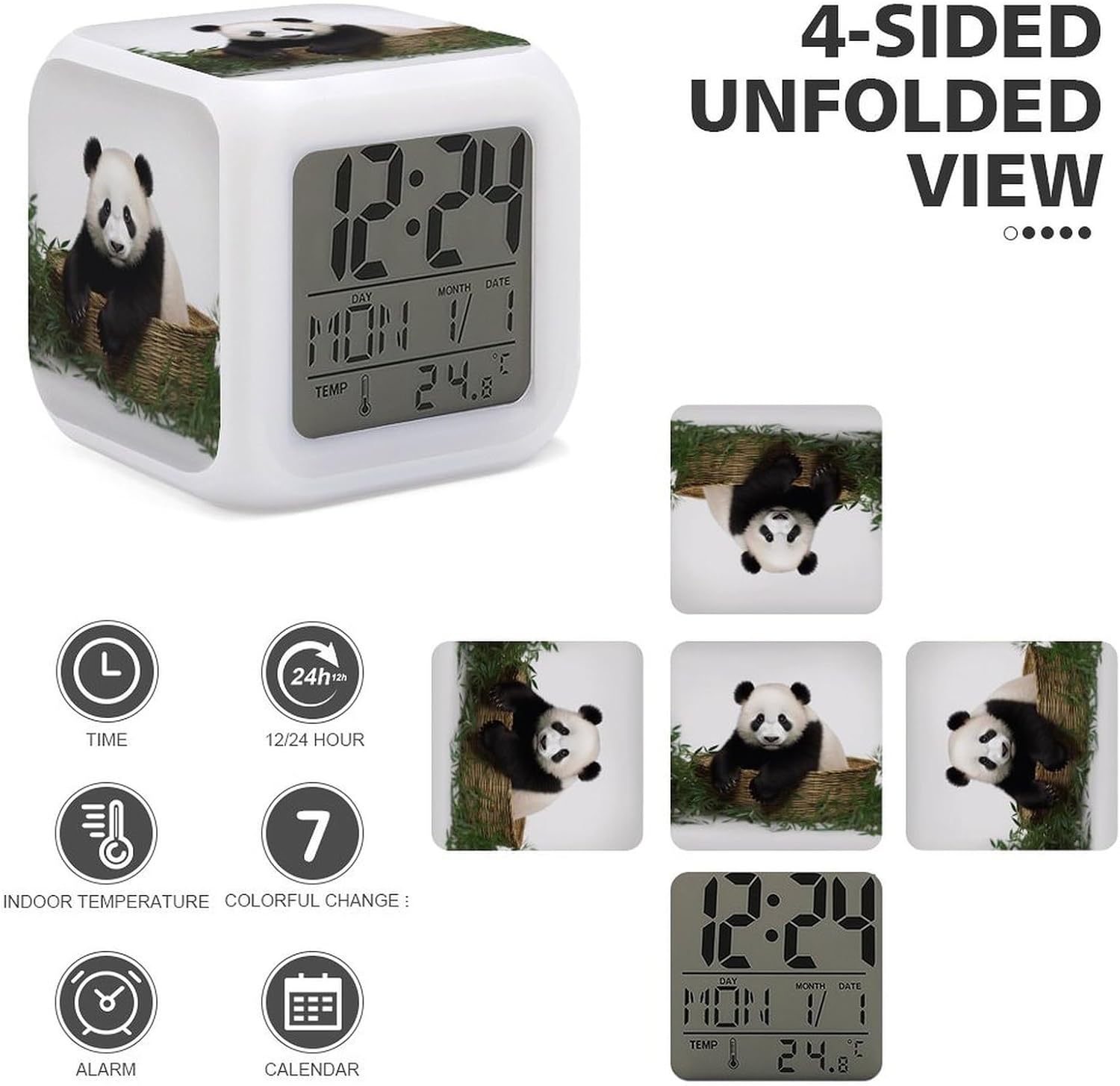 Panda Stars Alarm Clock with 7-Color Night Light