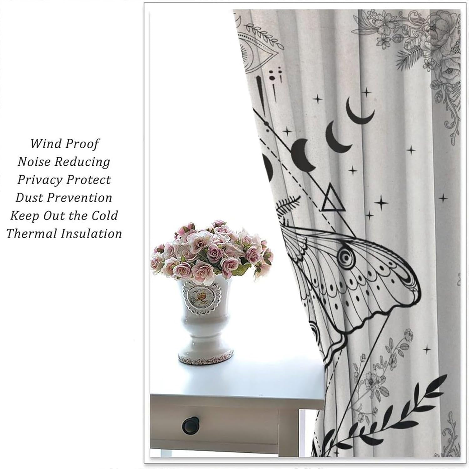 Vintage Boho Moth Curtains with Floral Design 21x45in x2 Panels