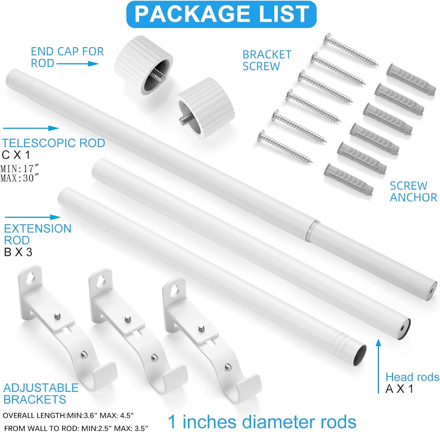 Adjustable Curtain Rods 16-76 Inches Max 88 IN 1 IN Diameter Aluminum Finials White