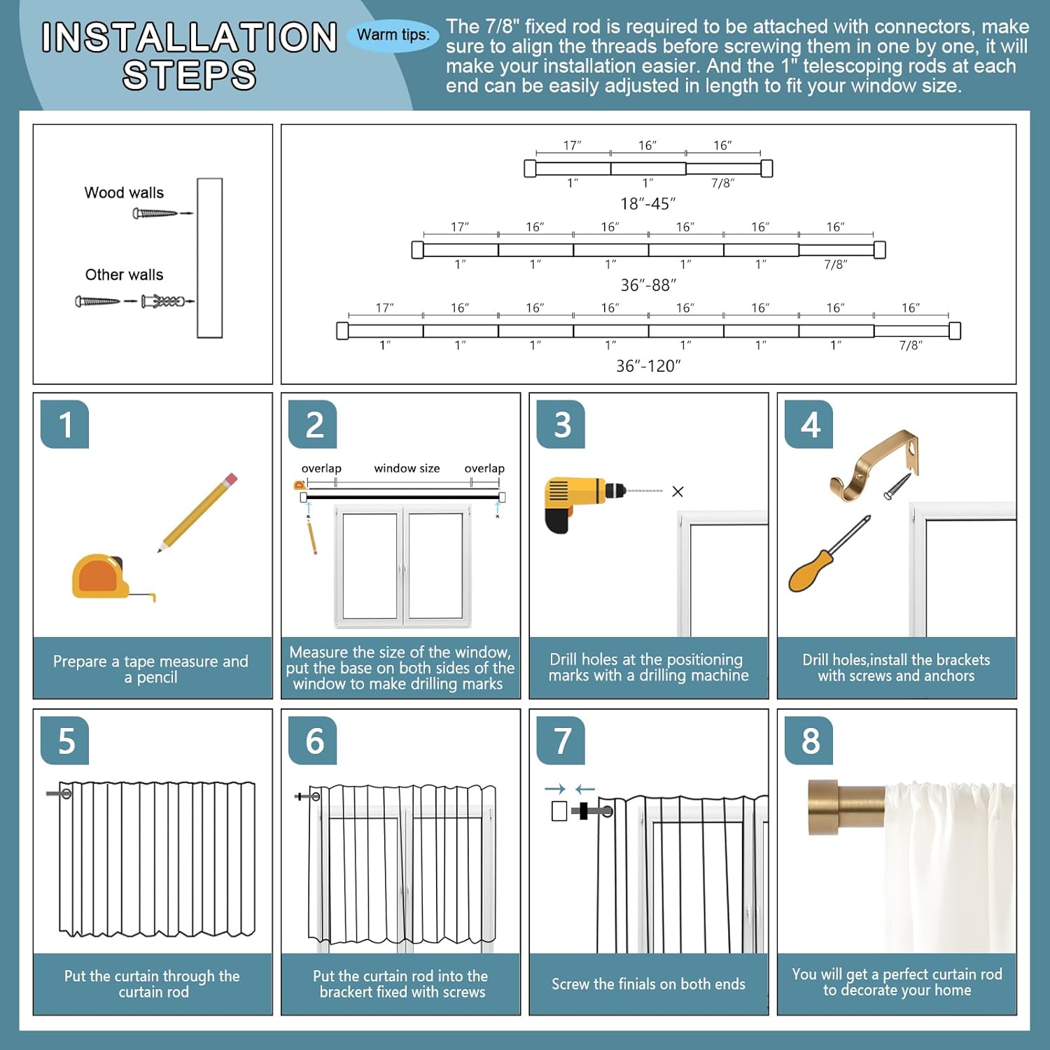 2 Pack Warm Gold Curtain Rods for Windows 36-88 Inches