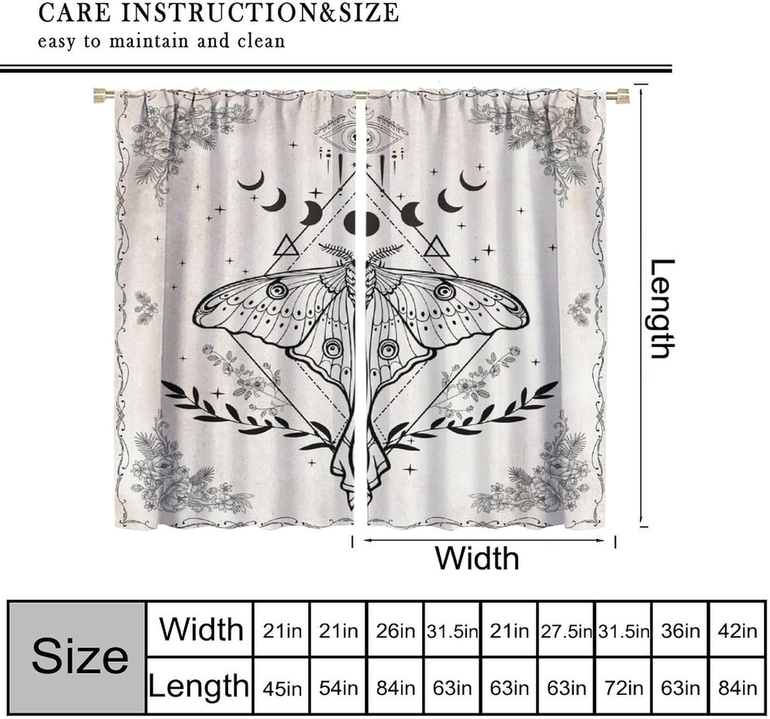 Vintage Boho Moth Curtains with Floral Design 21x45in x2 Panels