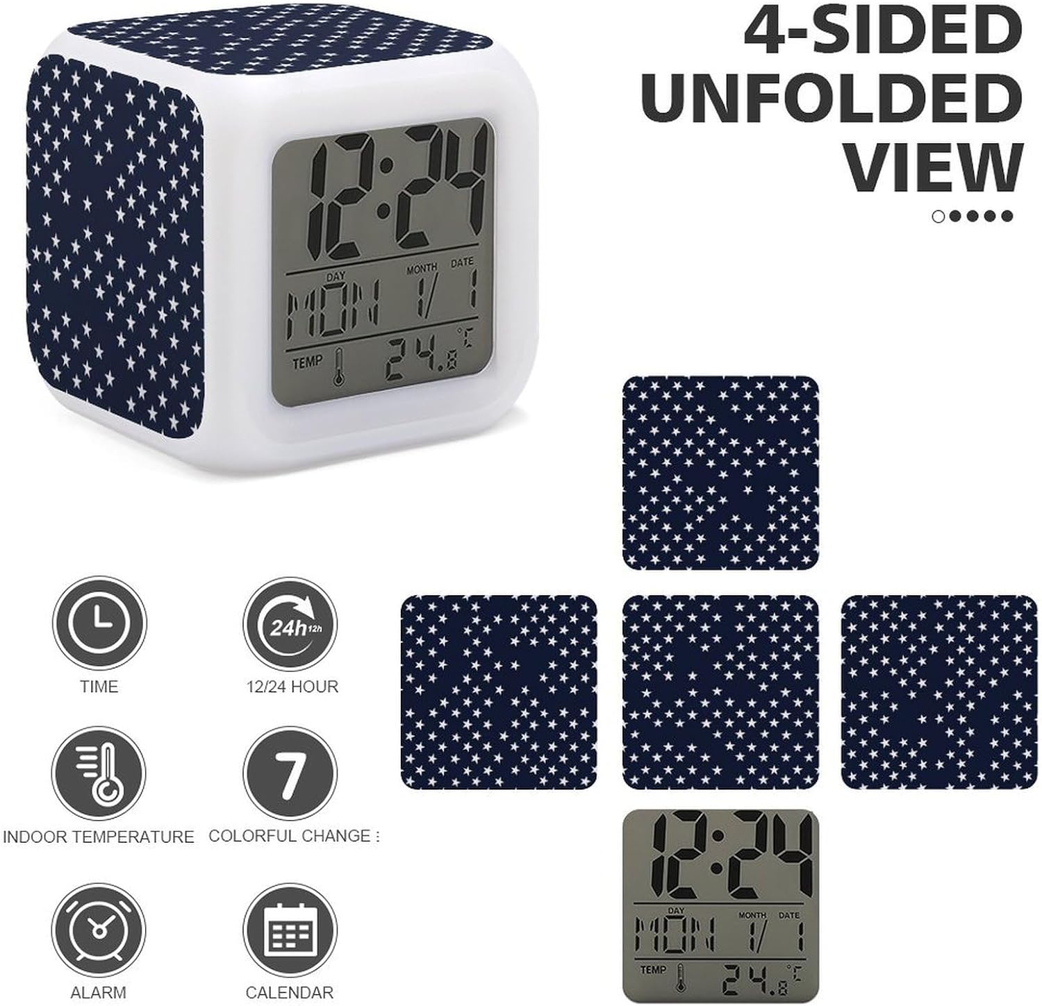 USA Star Color Changing LED Alarm Clock with Time Date Temperature