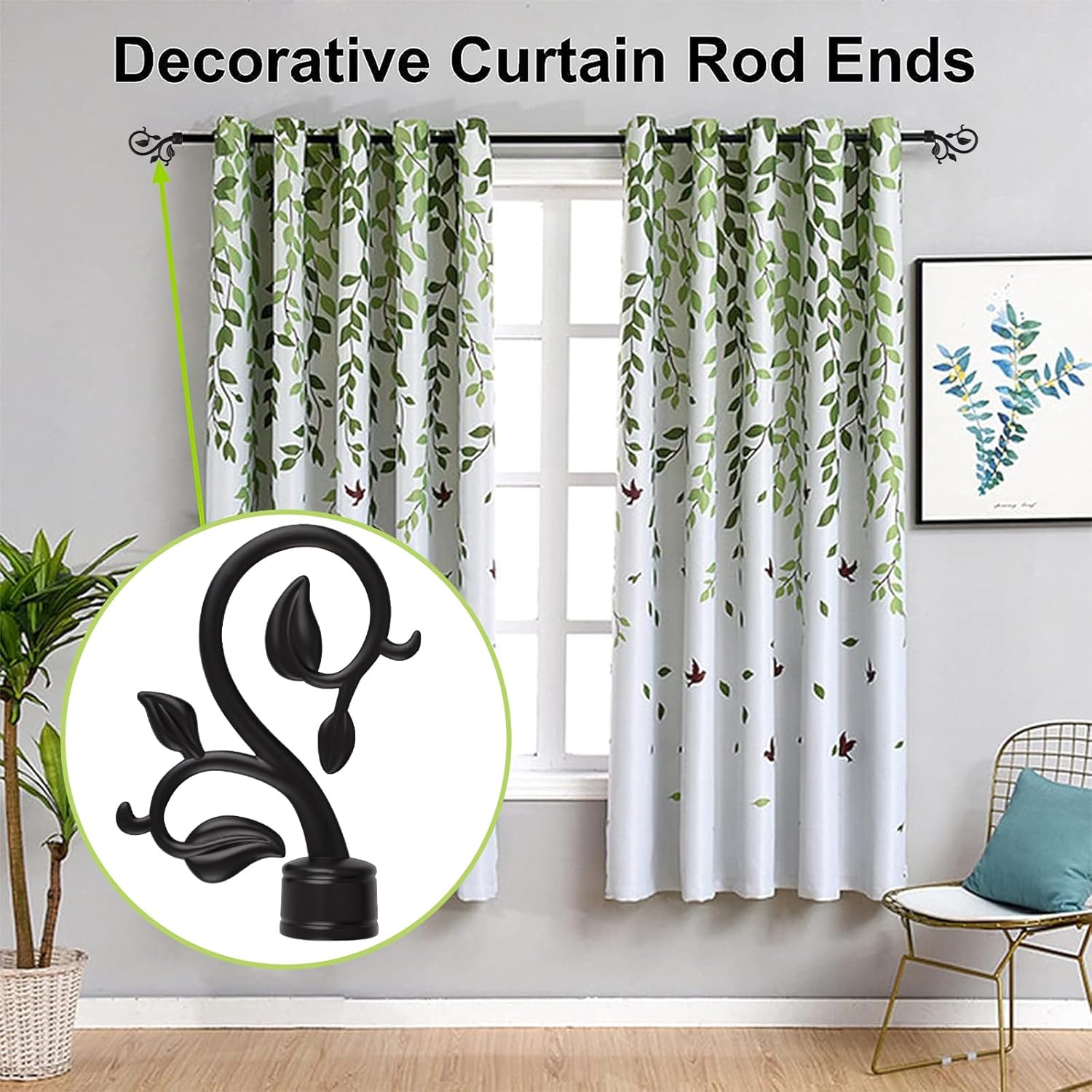 6Pcs Black Plastic Curtain Rod Caps with Leafy Branches Design
