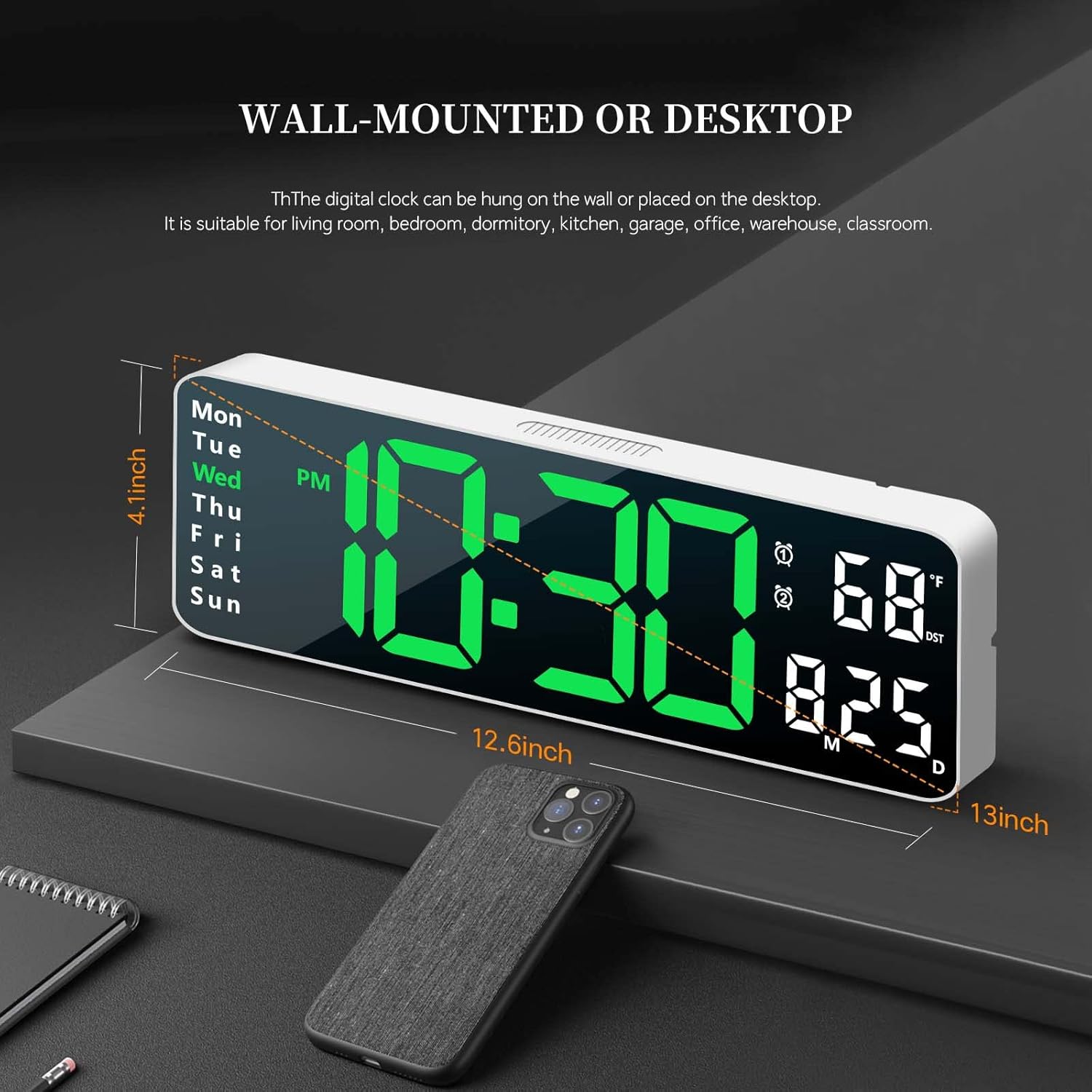 13-inch LED Digital Wall Clock with Remote Control