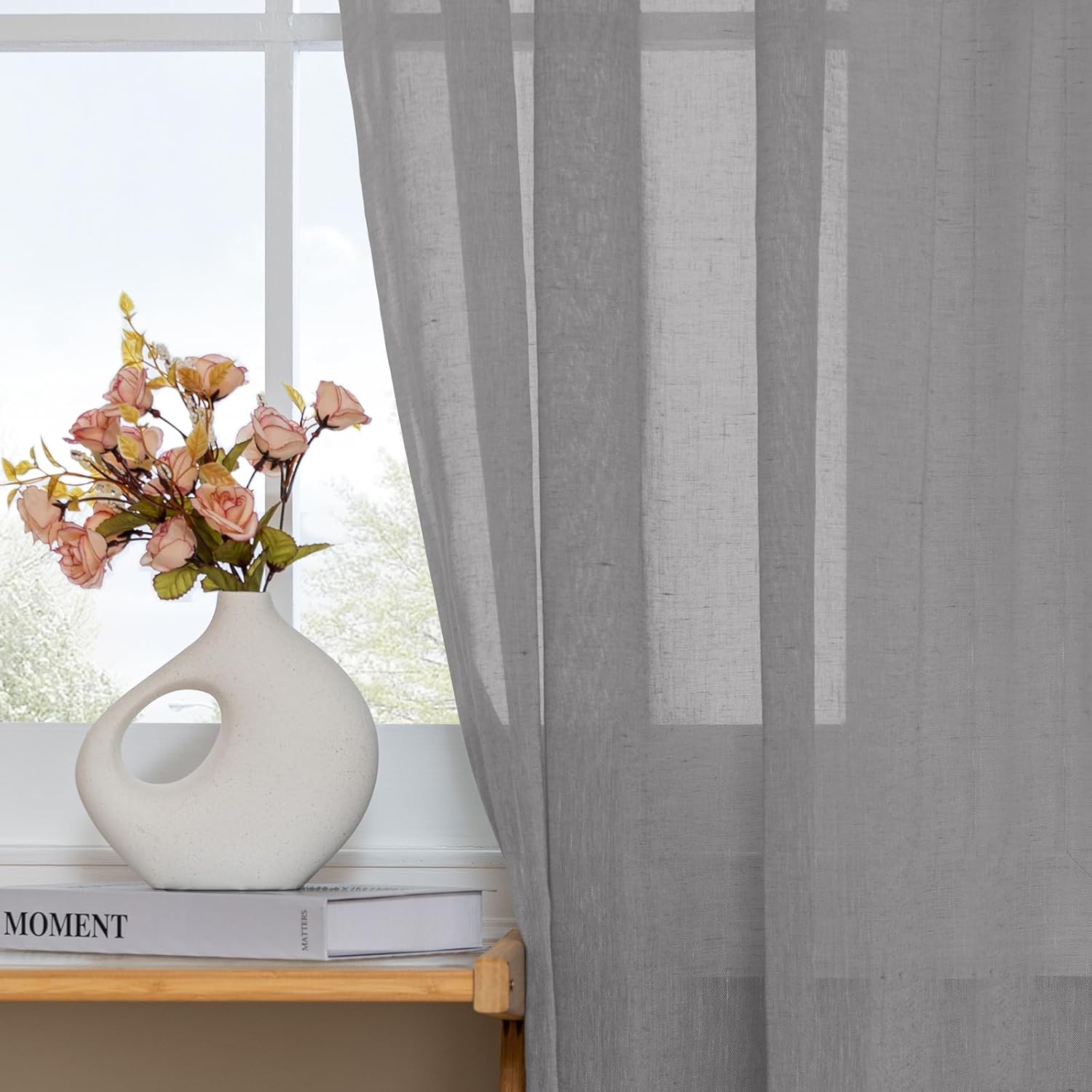 Turquoize Grey Linen French Door Curtains with Tie-Back