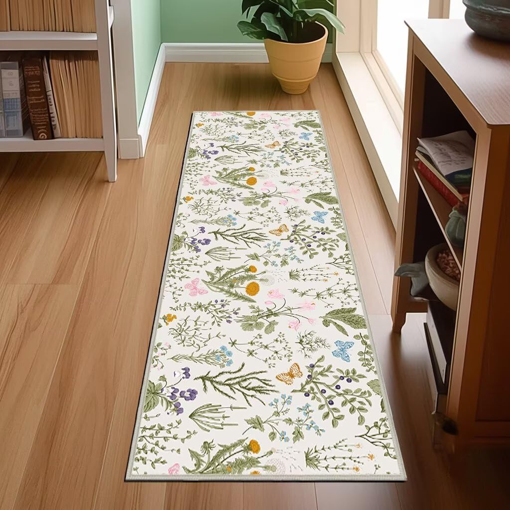 Floral Runner Rug 2x6 Feet Sage Green Non-Slip Indoor Door Mat