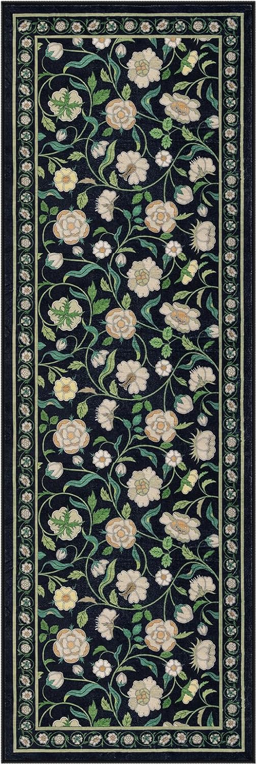 Moynesa Floral Hallway Runner Rug 6ft Non-Slip Black