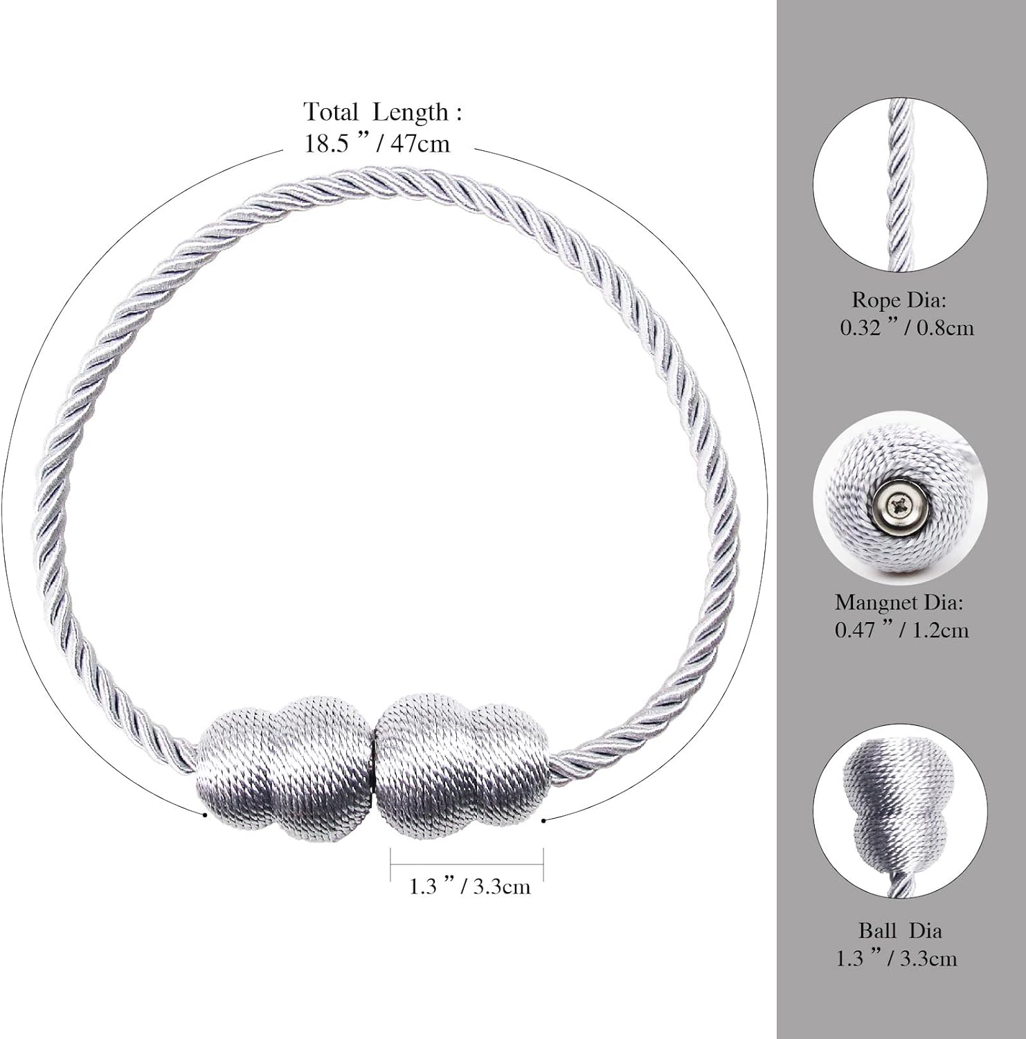 Magnetic Curtain Tiebacks 4 Pack Grey