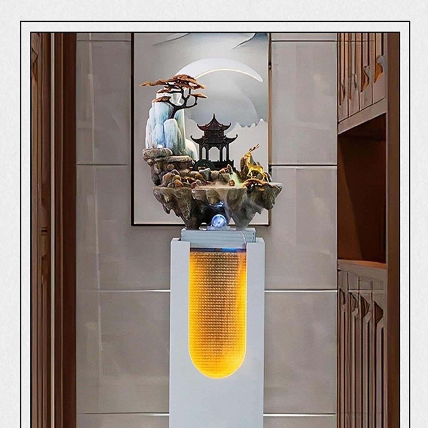 HASMI Yellow Fountain Floor Standing Fountain with LED Lights and Artificial Rockery