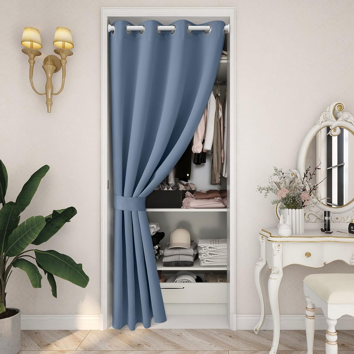 HOMEIDEAS Stone Blue Doorway Curtains with Tie Back