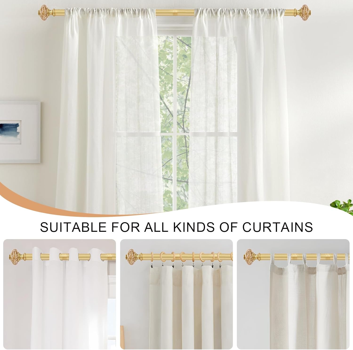 2 Pack Gold Curtain Rods for Windows 48-84 Inch