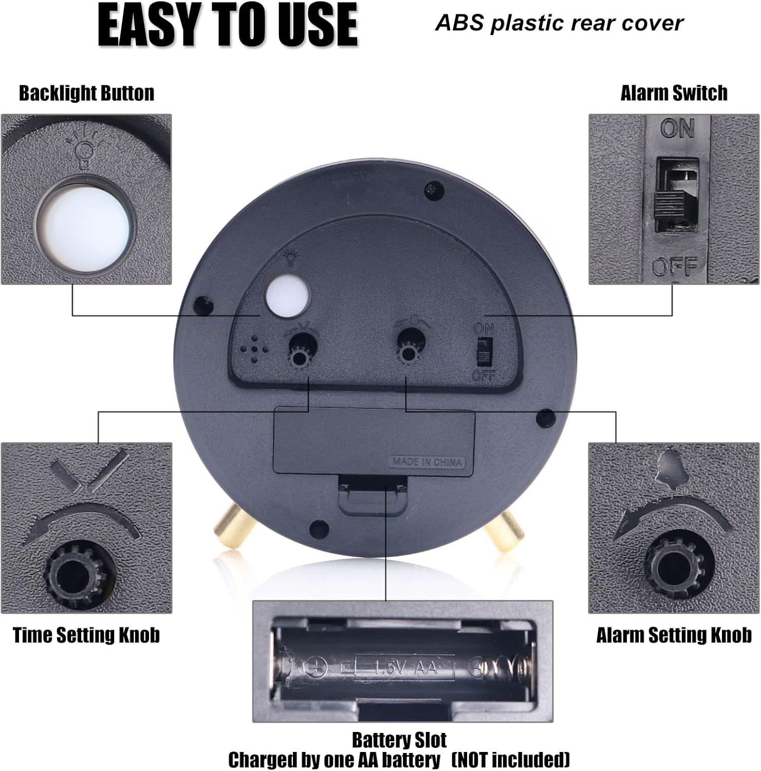 AOLOX 45 Inch Battery Operated Round Analog Alarm Clock with Soft Backlight