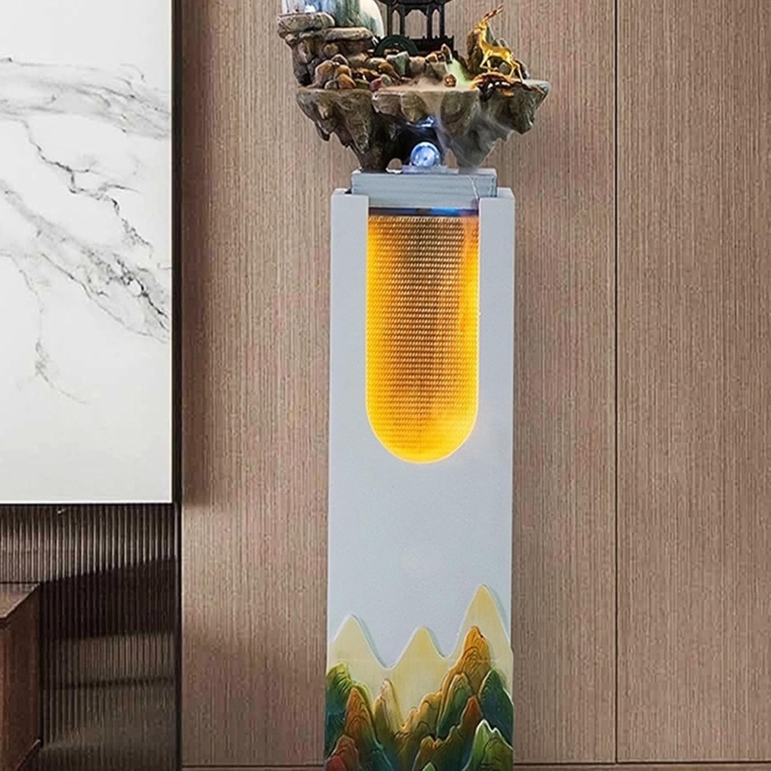 HASMI Yellow Fountain Floor Standing Fountain with LED Lights and Artificial Rockery
