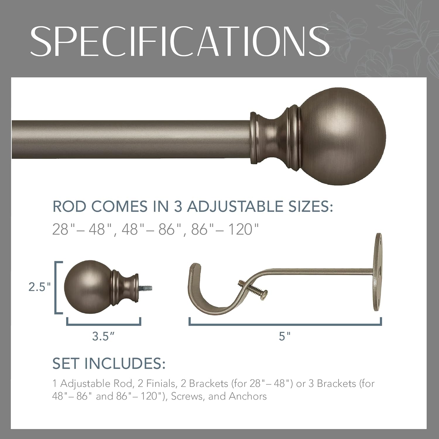 Elrene Cordelia Adjustable Single Curtain Rod with Globe Ball Finials 1 Inch Diameter Antique Pewter