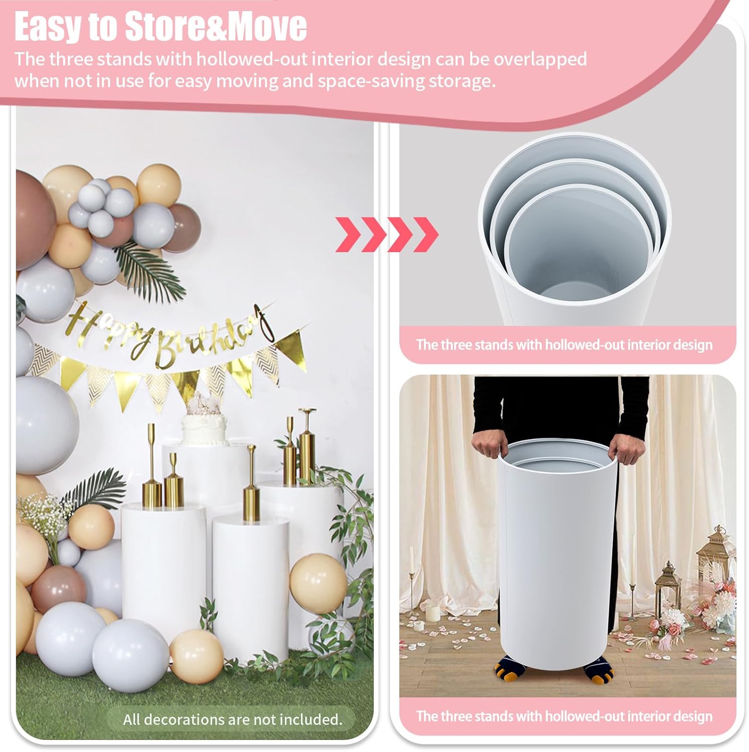 3pcs White Acrylic Cylinder Pedestal Stands for Events