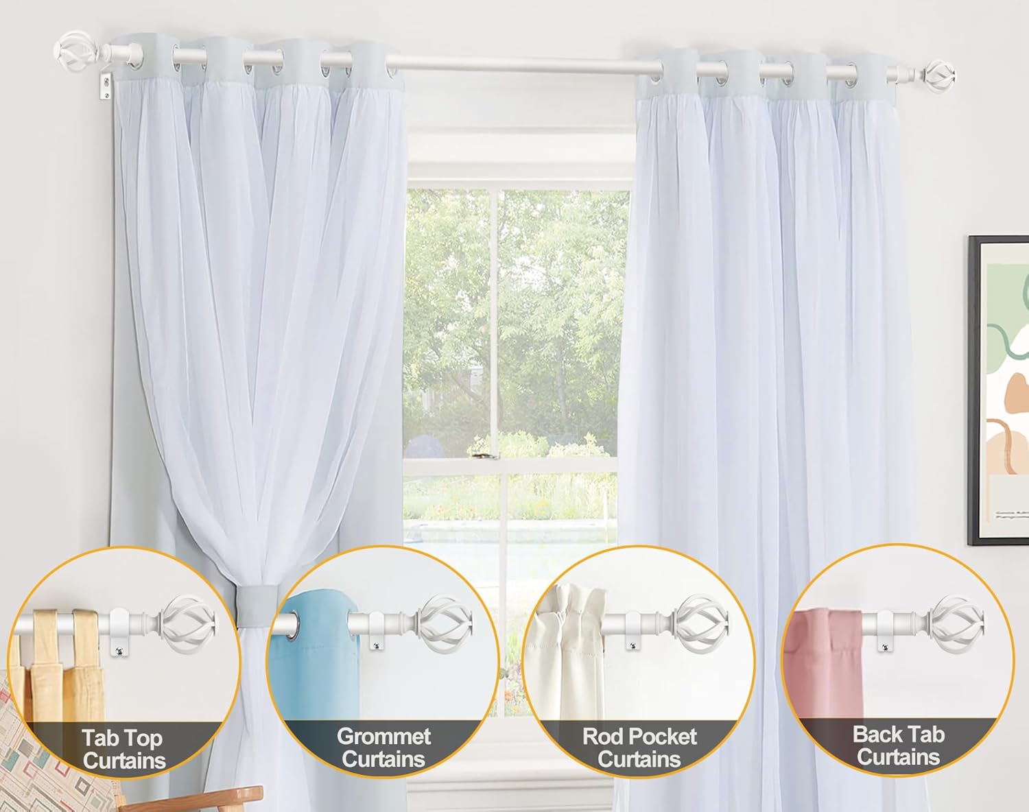 USFOOK White Curtain Rod 32-58 Inches 78 Inch Diameter Telescoping Splicing Rods with Twisted Cage Finials