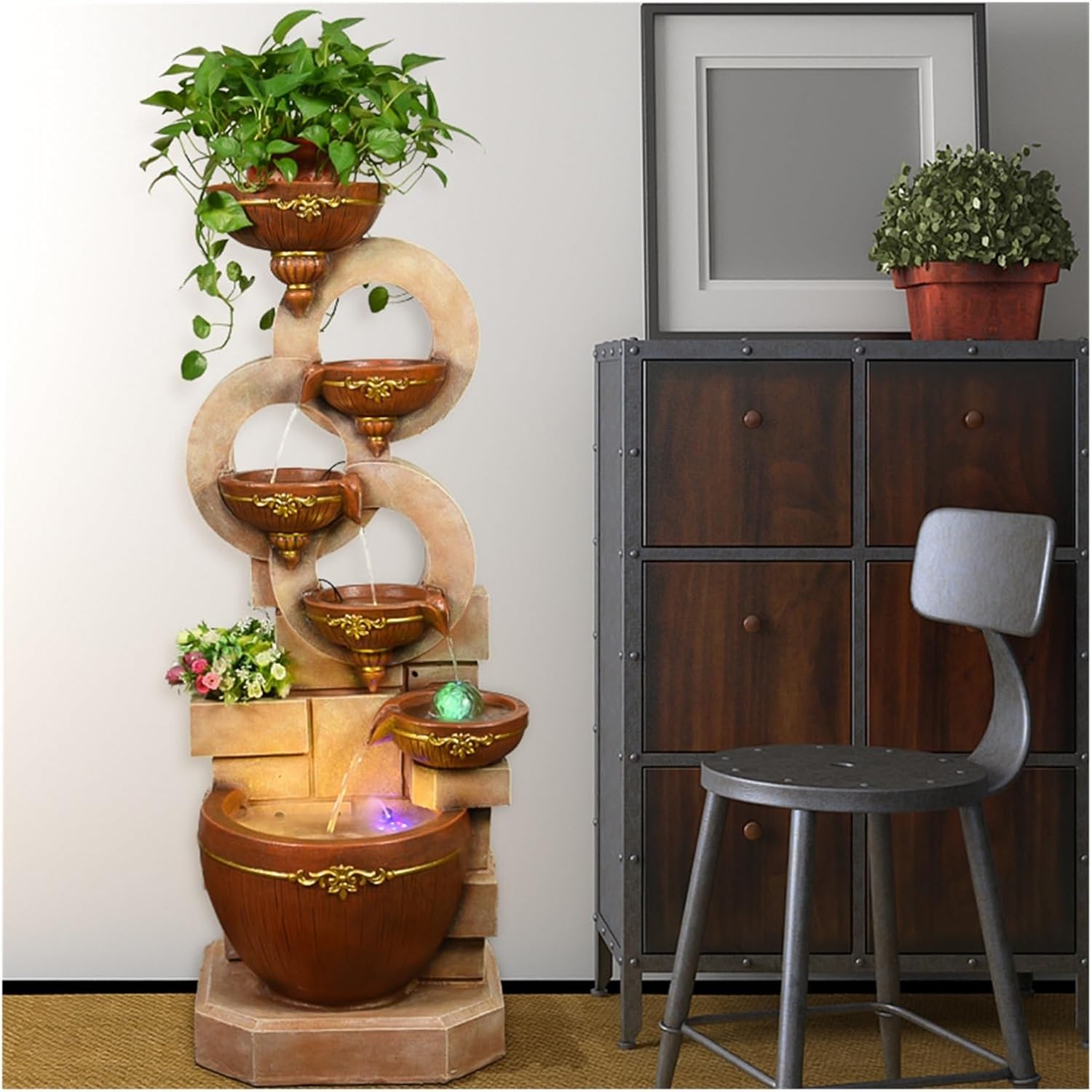Modern Yellow Floor Standing Water Fountain Decor with Light