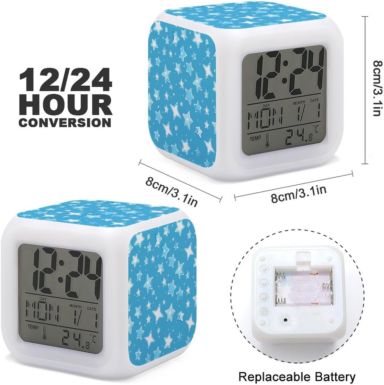 Light Blue Star Alarm Clock with 7 Color Changing Modes