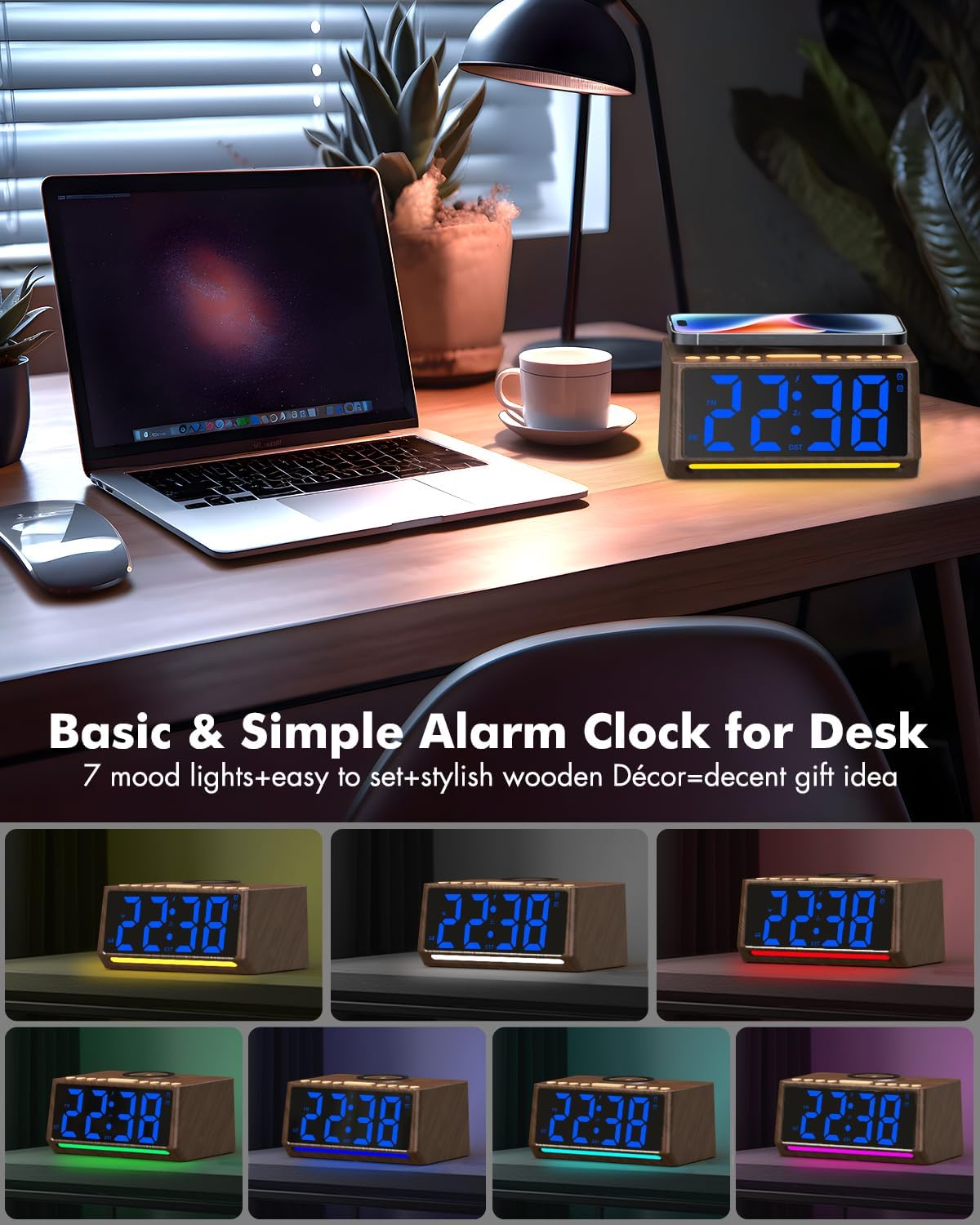 Retro Digital Alarm Clock with Large Numbers and 7 Mood Lights