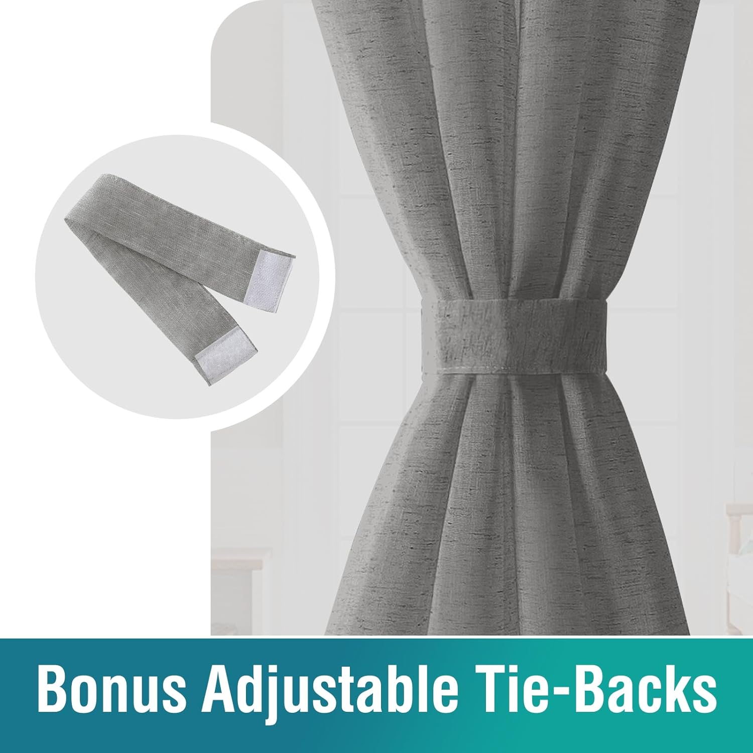 Turquoize Grey Linen French Door Curtains with Tie-Back