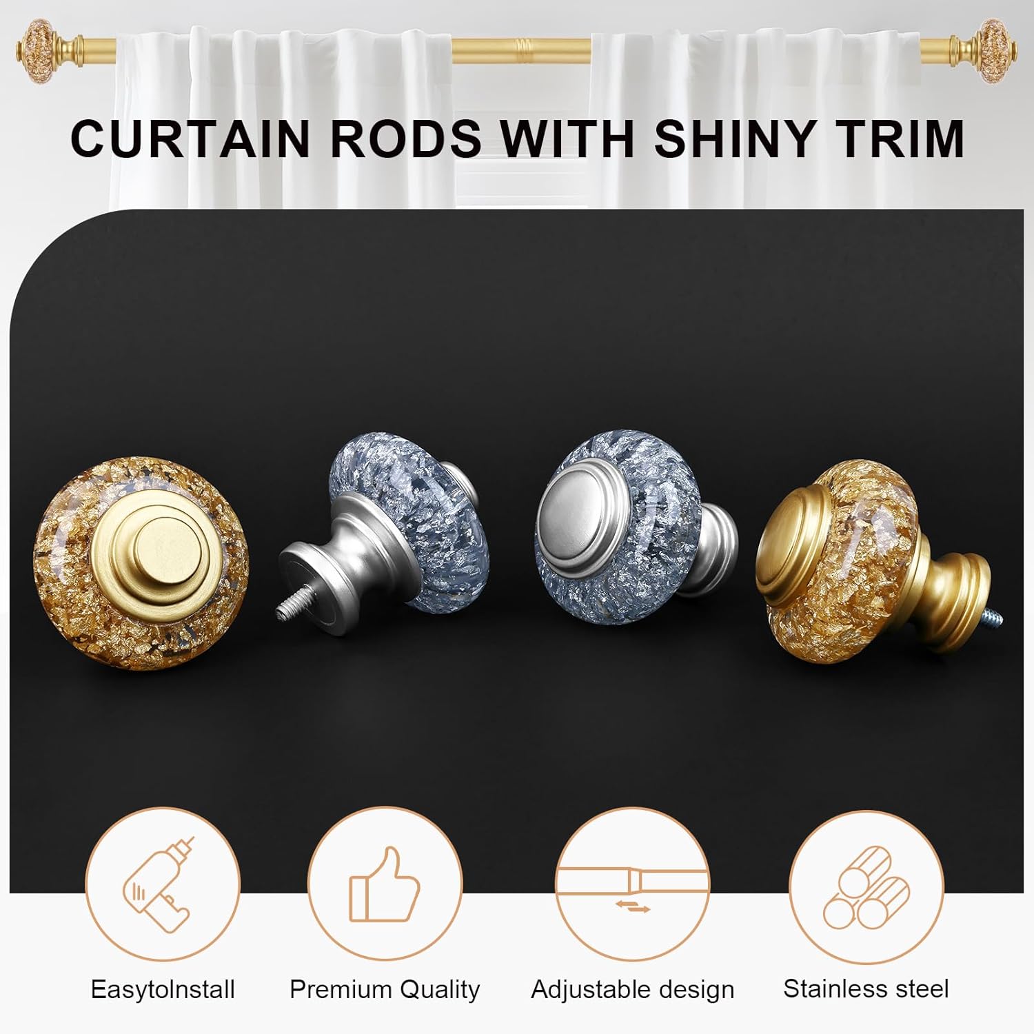 2 Pack Gold Curtain Rods for Windows 48-84 Inch