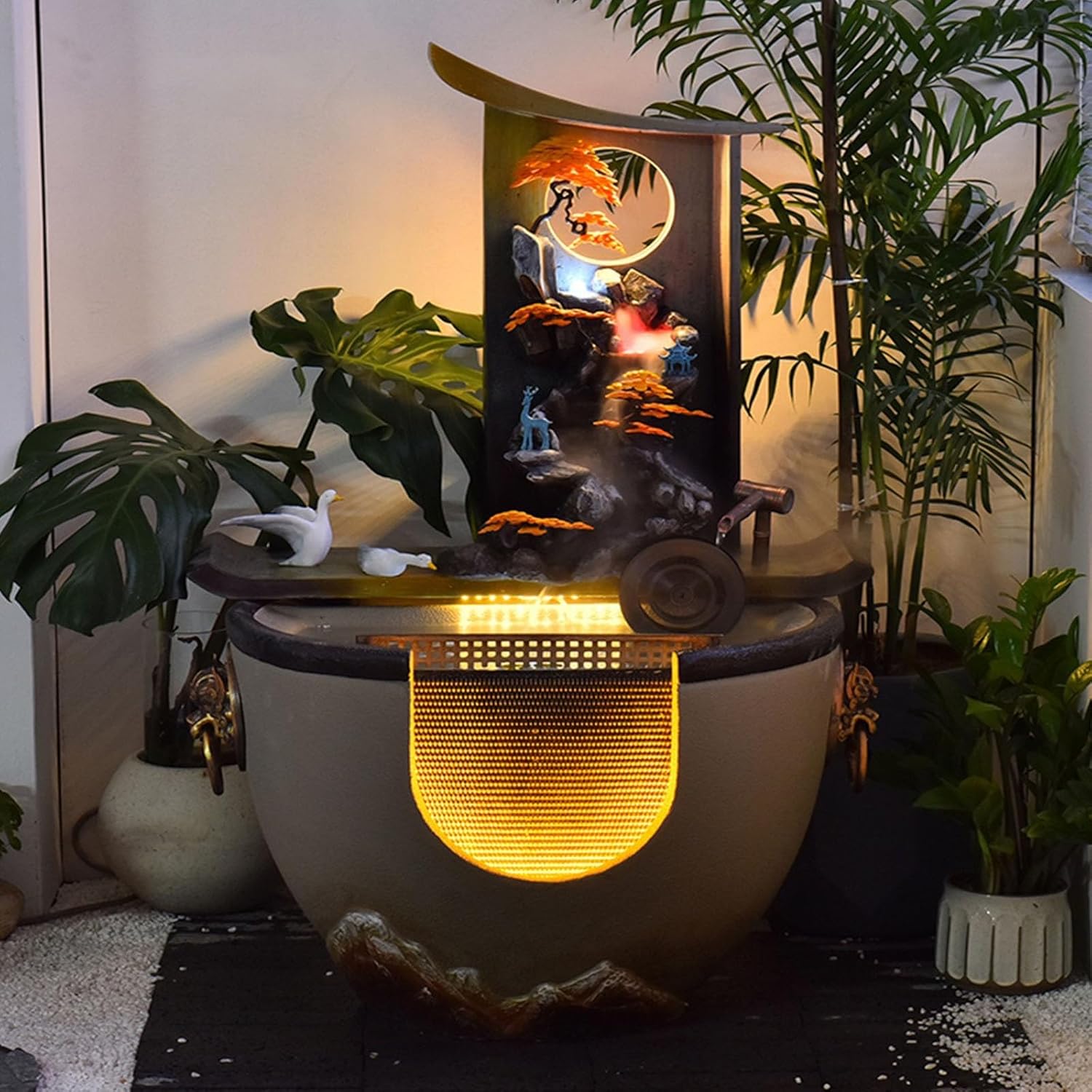 Modern Floor-Standing Waterfall Fountain with Feng Shui Wheel and Fish Pond