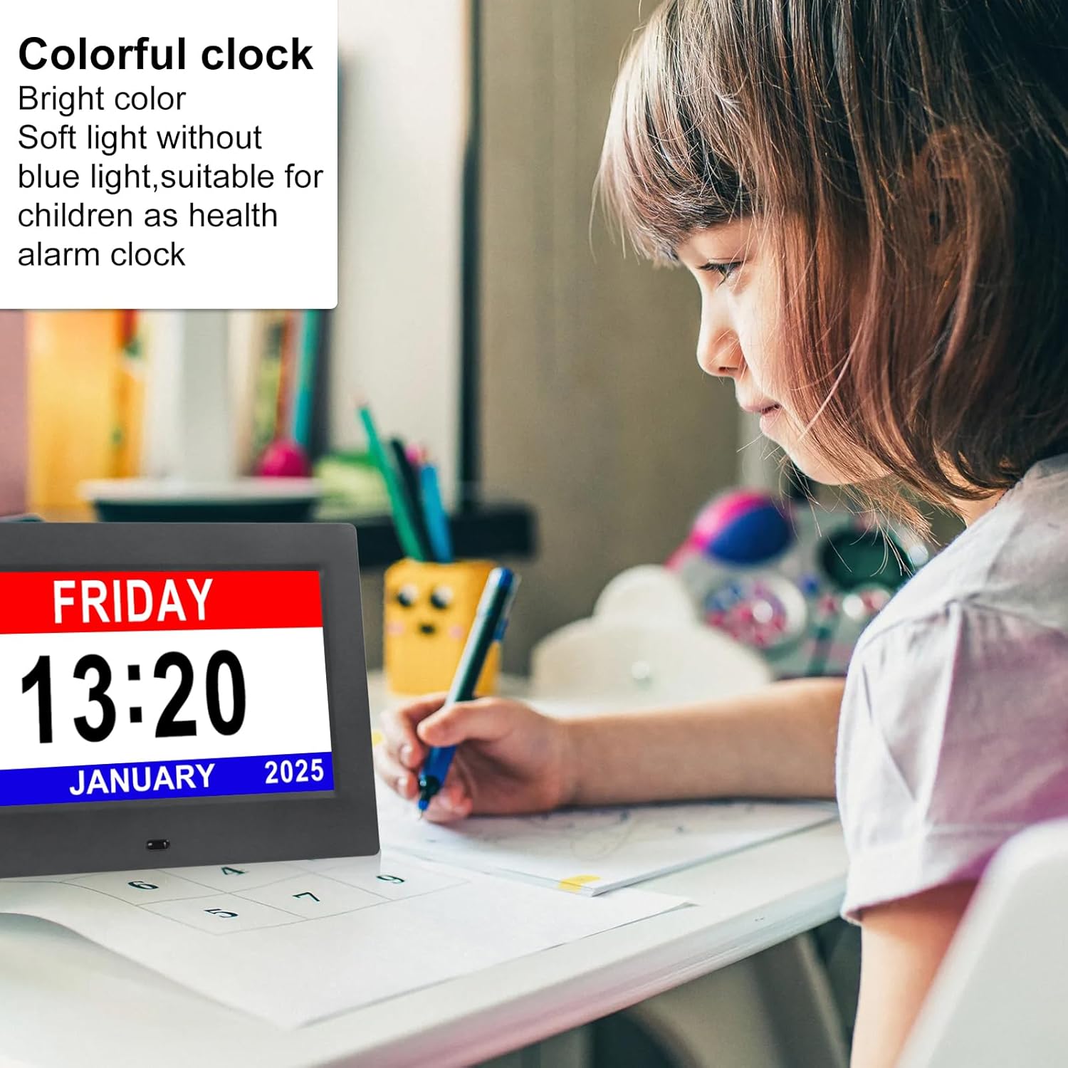 Large Black Dementia Clock with Day Date and 12 Alarms