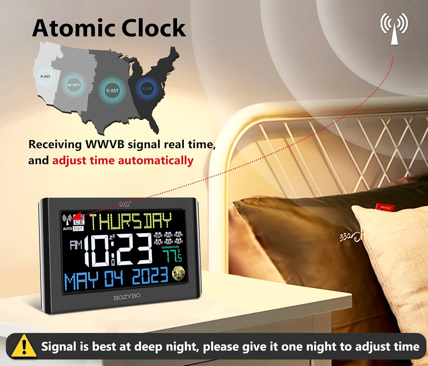 BOZYBO Digital Clock with 6 Alarms and Temperature