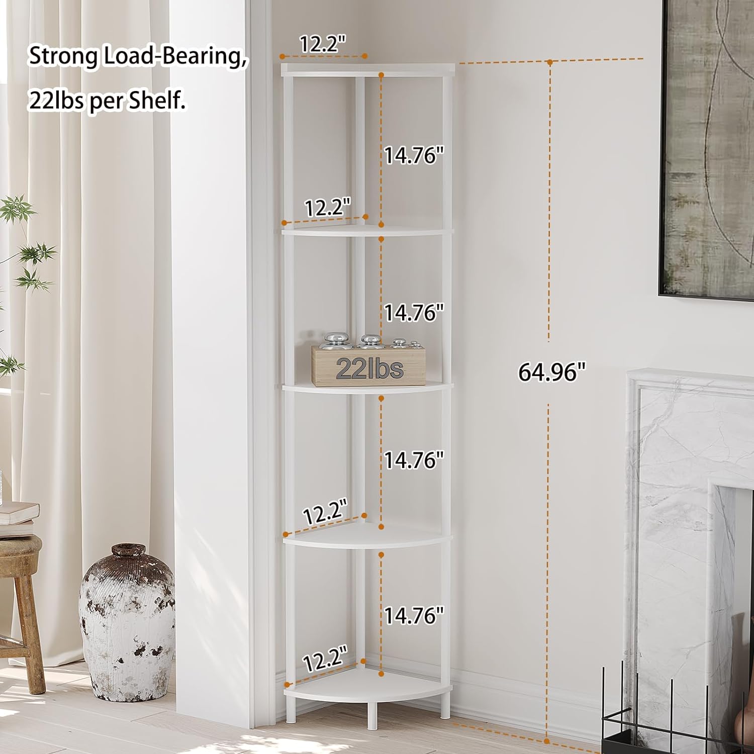 SUNMORY 5 Tier Corner Shelf Stand for Living Room Decor Wall Corner Bookshelf Storage White