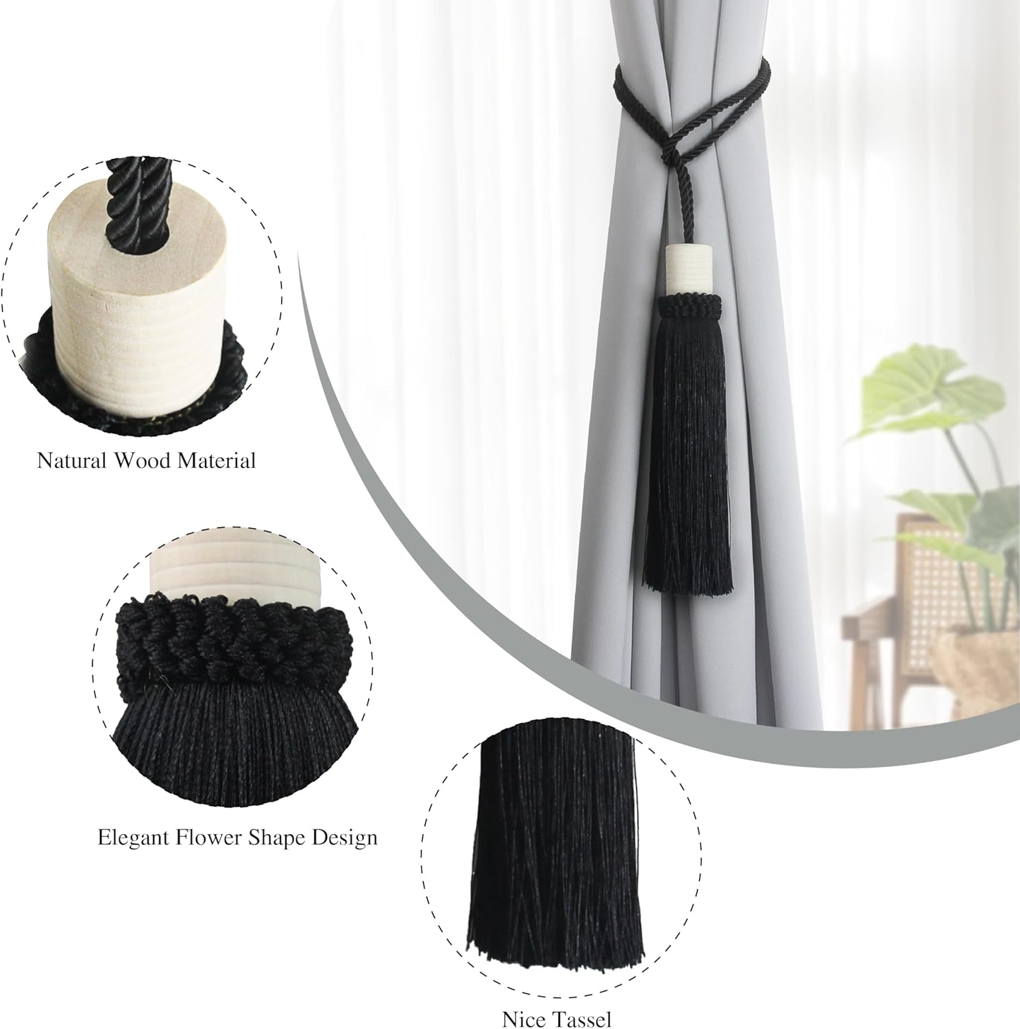 Curtain Tiebacks Rope Modern Holdbacks for Drapes 4 Pack