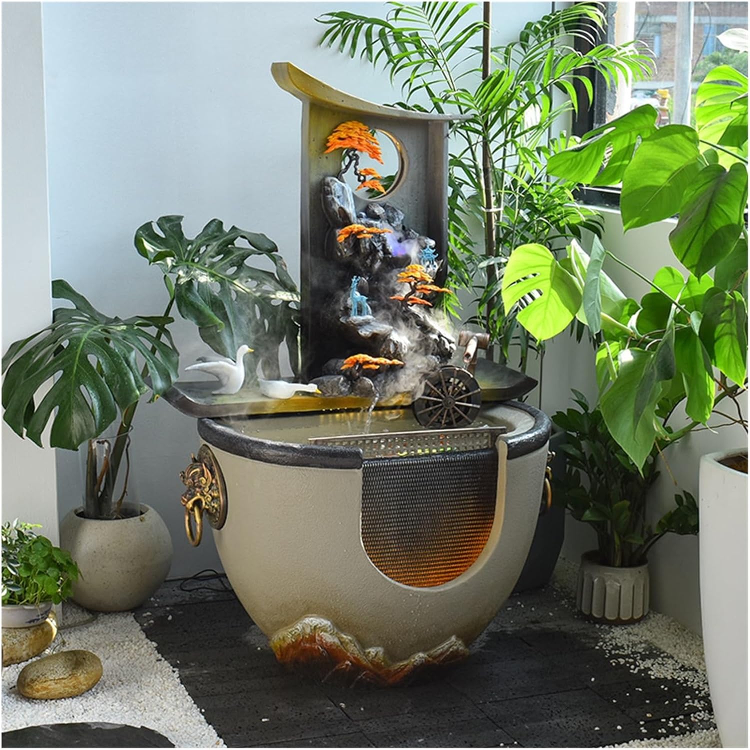 Modern Floor-Standing Waterfall Fountain with Feng Shui Wheel and Fish Pond