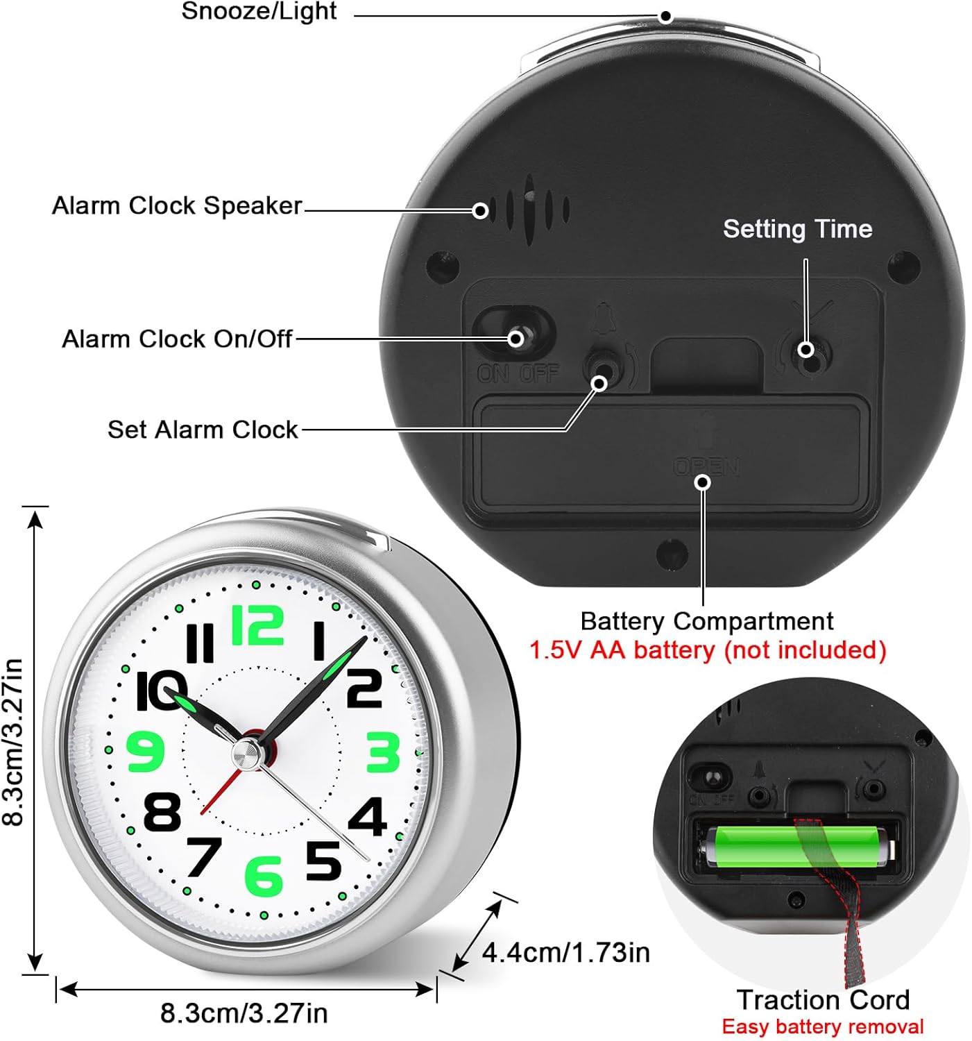 DTKID 327 Inch Analog Alarm Clock with Night Light and Snooze