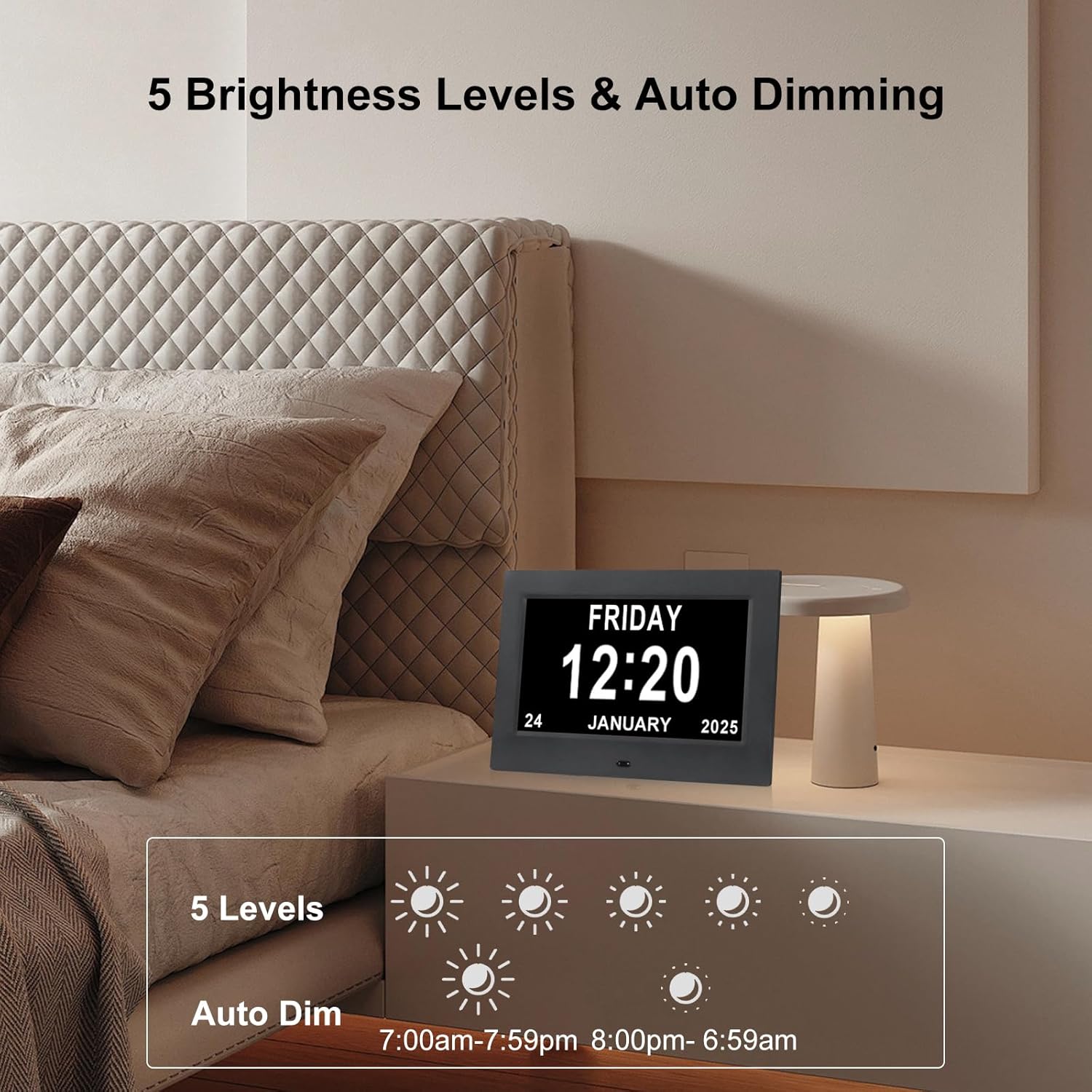 Large Black Dementia Clock with Day Date and 12 Alarms