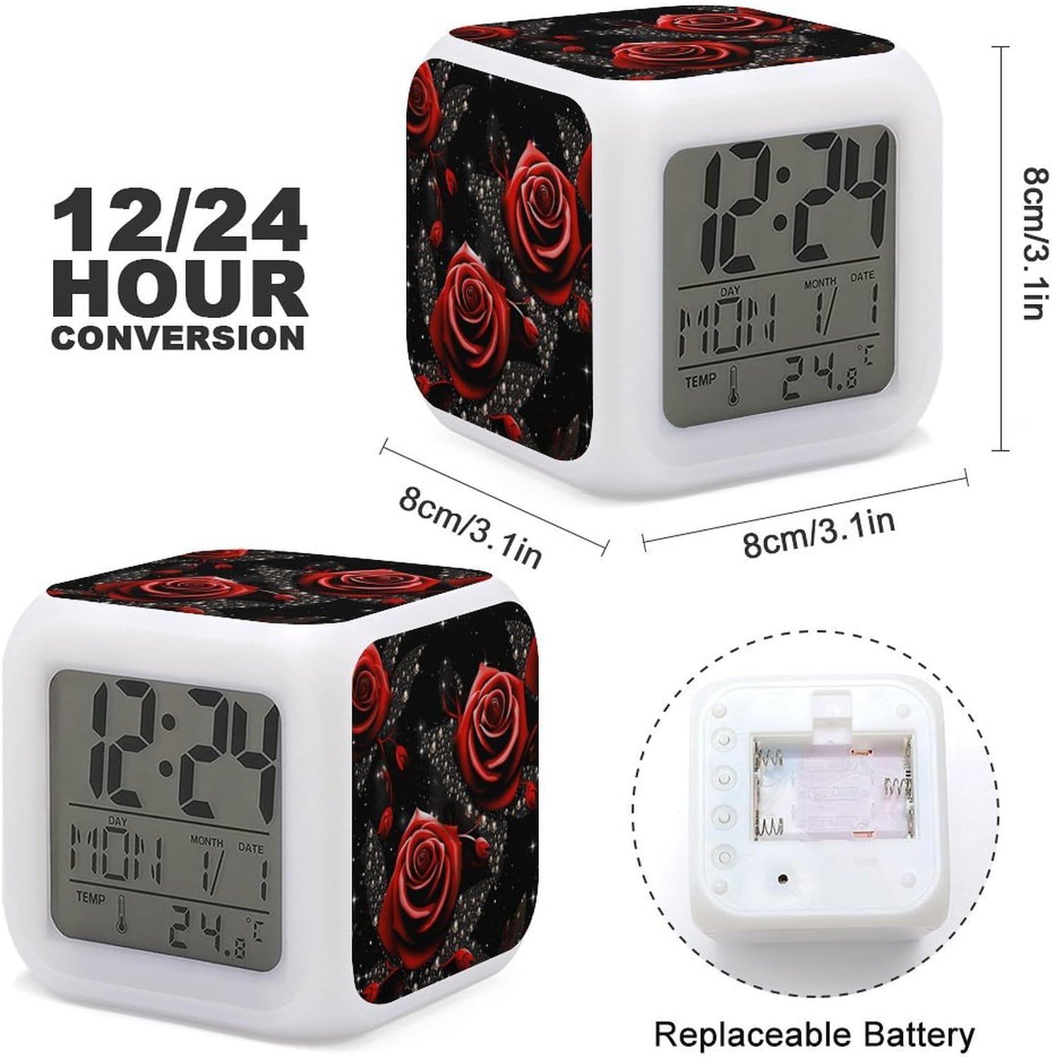 Red Roses and Stars Digital Alarm Clock with Night Light