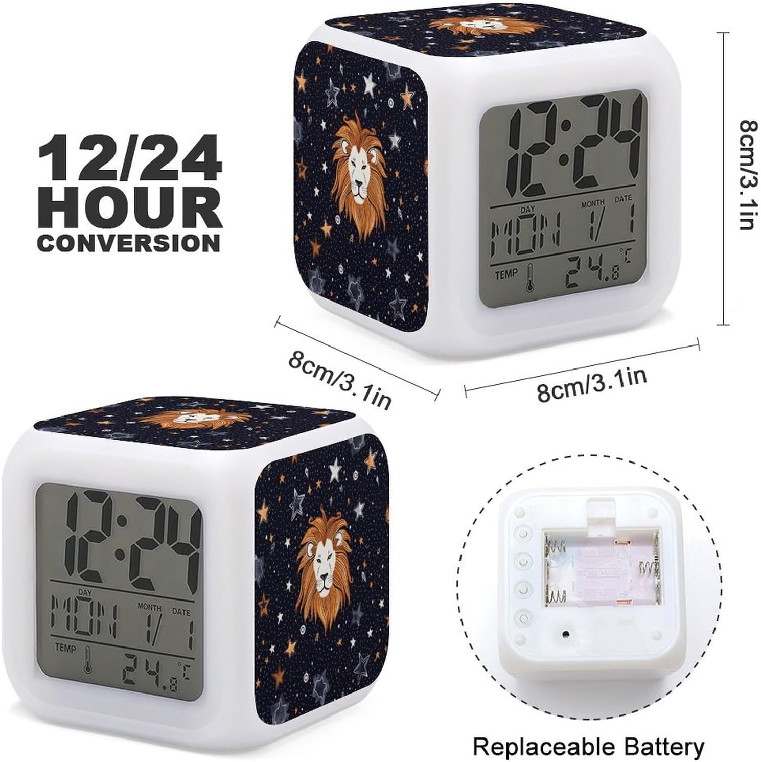 Lion and Stars Alarm Clock with Night Light and Date Display