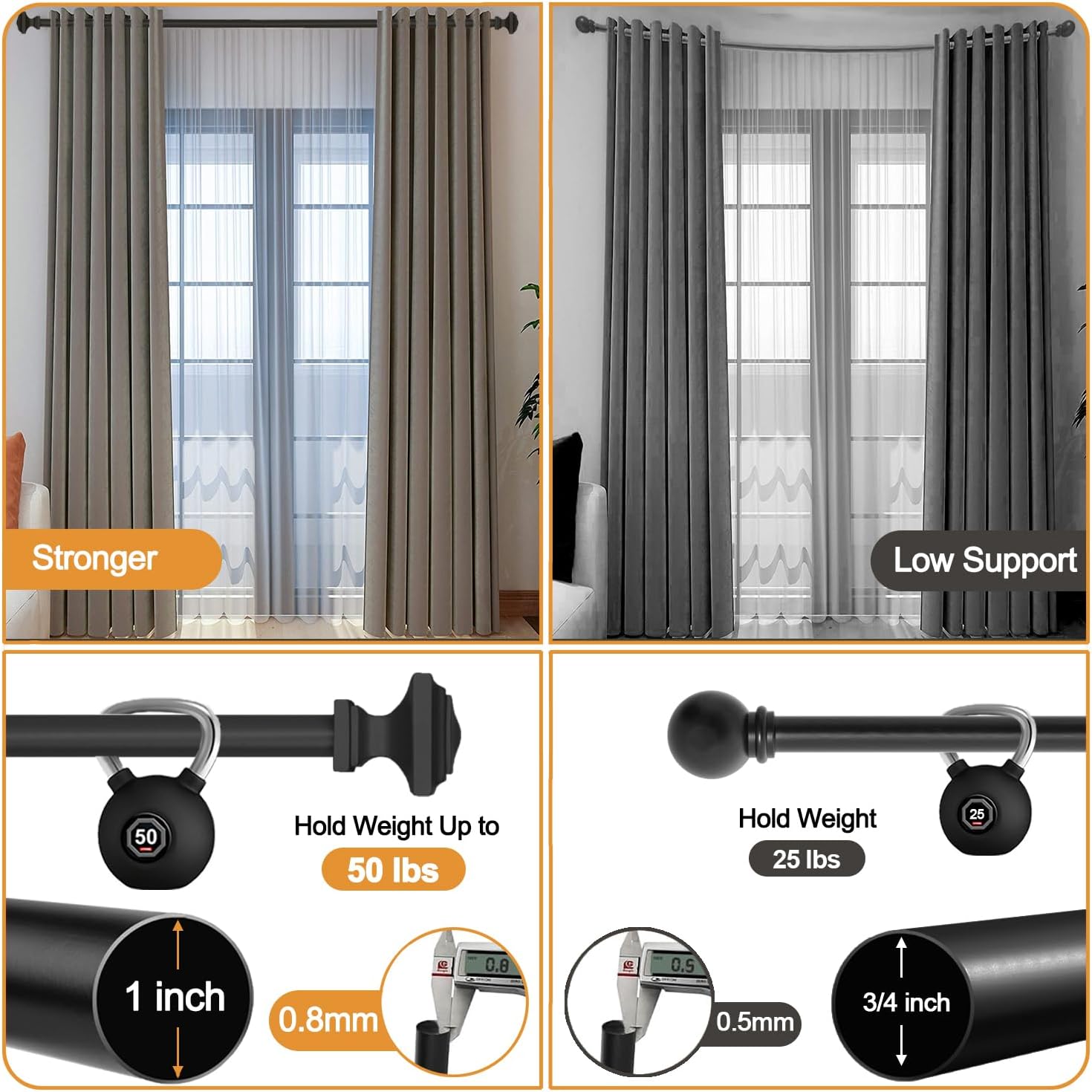 QITERI Black Adjustable Curtain Rod 32-88 Inches