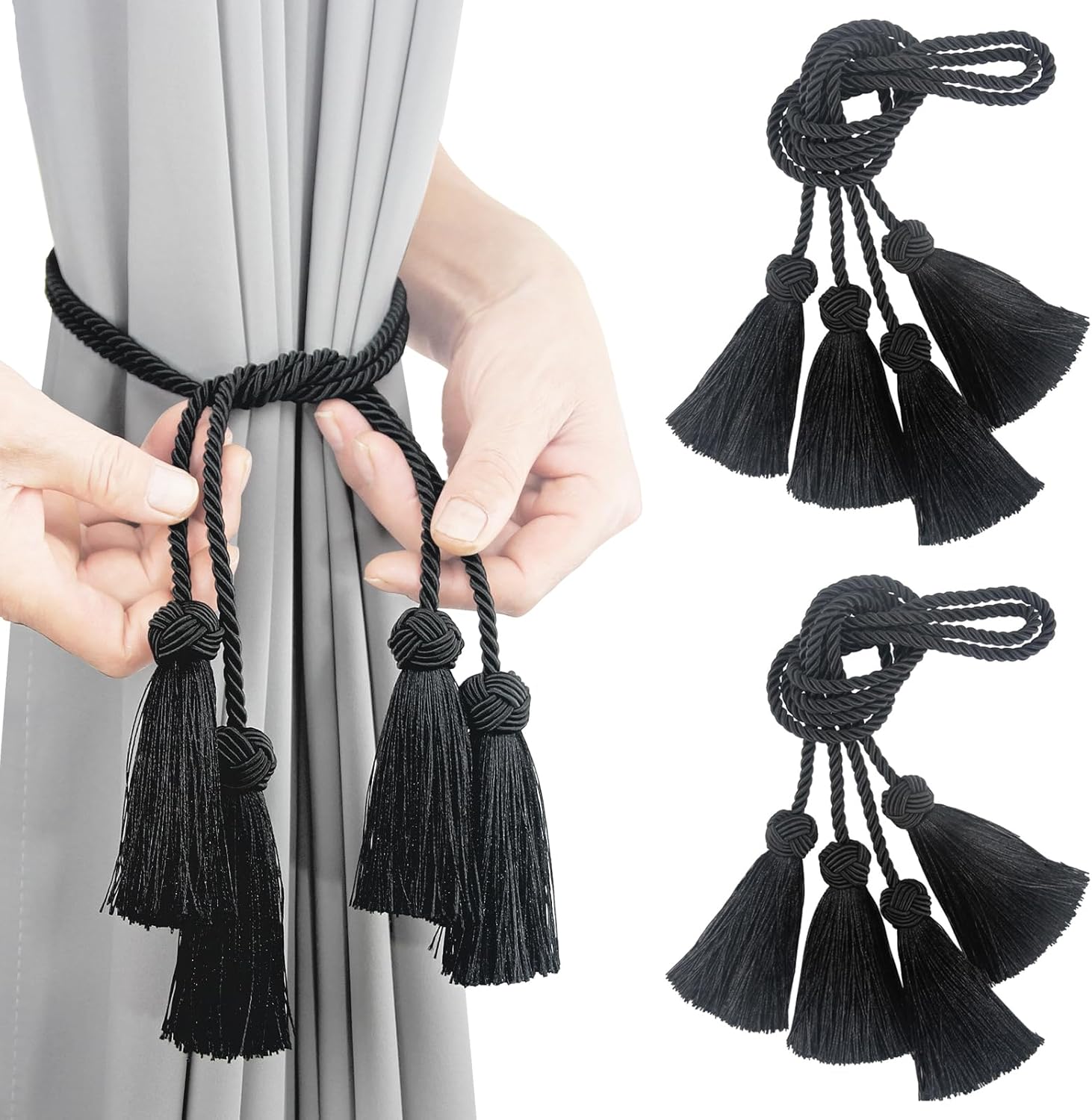 Elegant Black Rope Curtain Tiebacks with Tassels 4 Pack