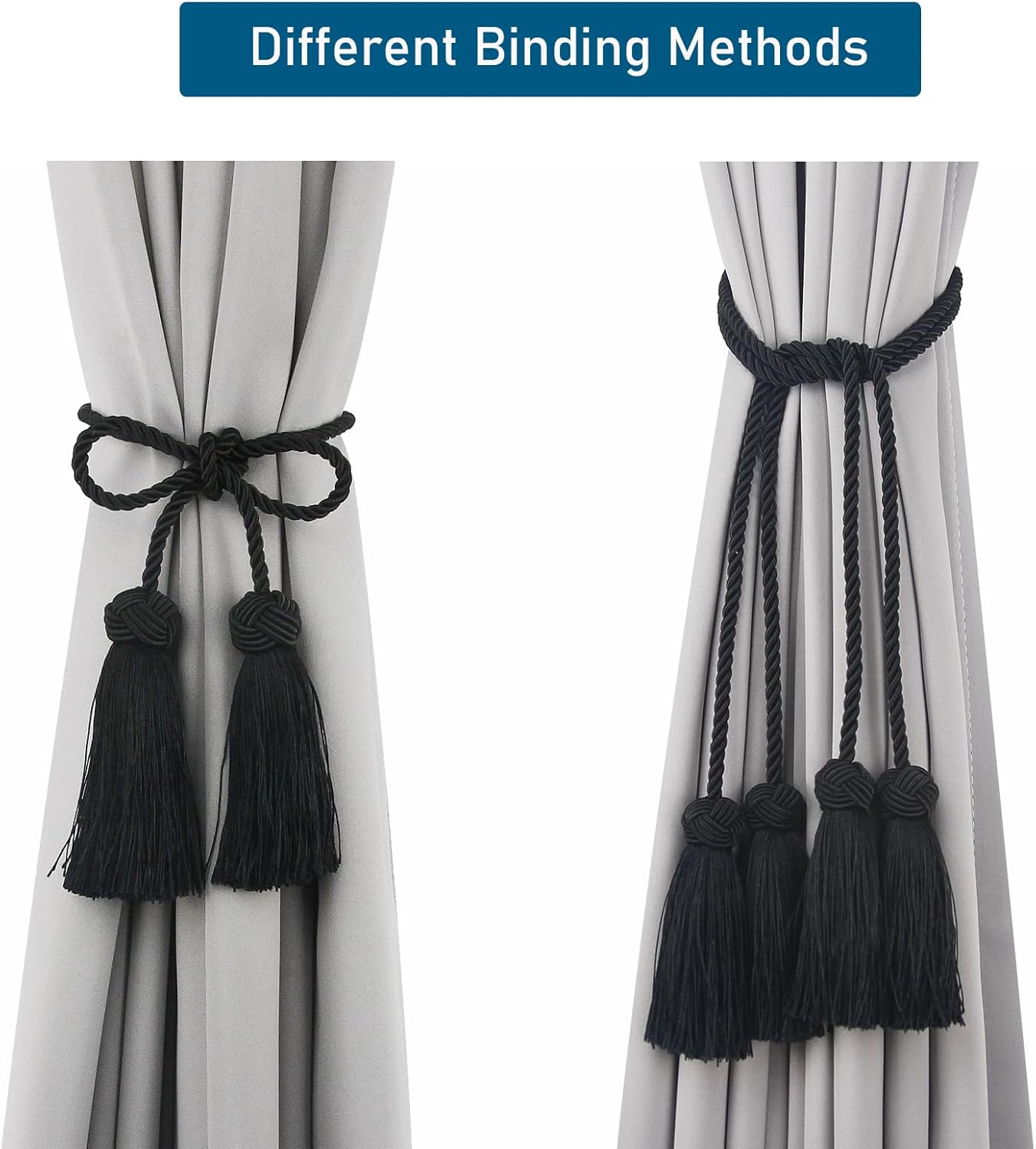 Elegant Black Rope Curtain Tiebacks with Tassels 4 Pack