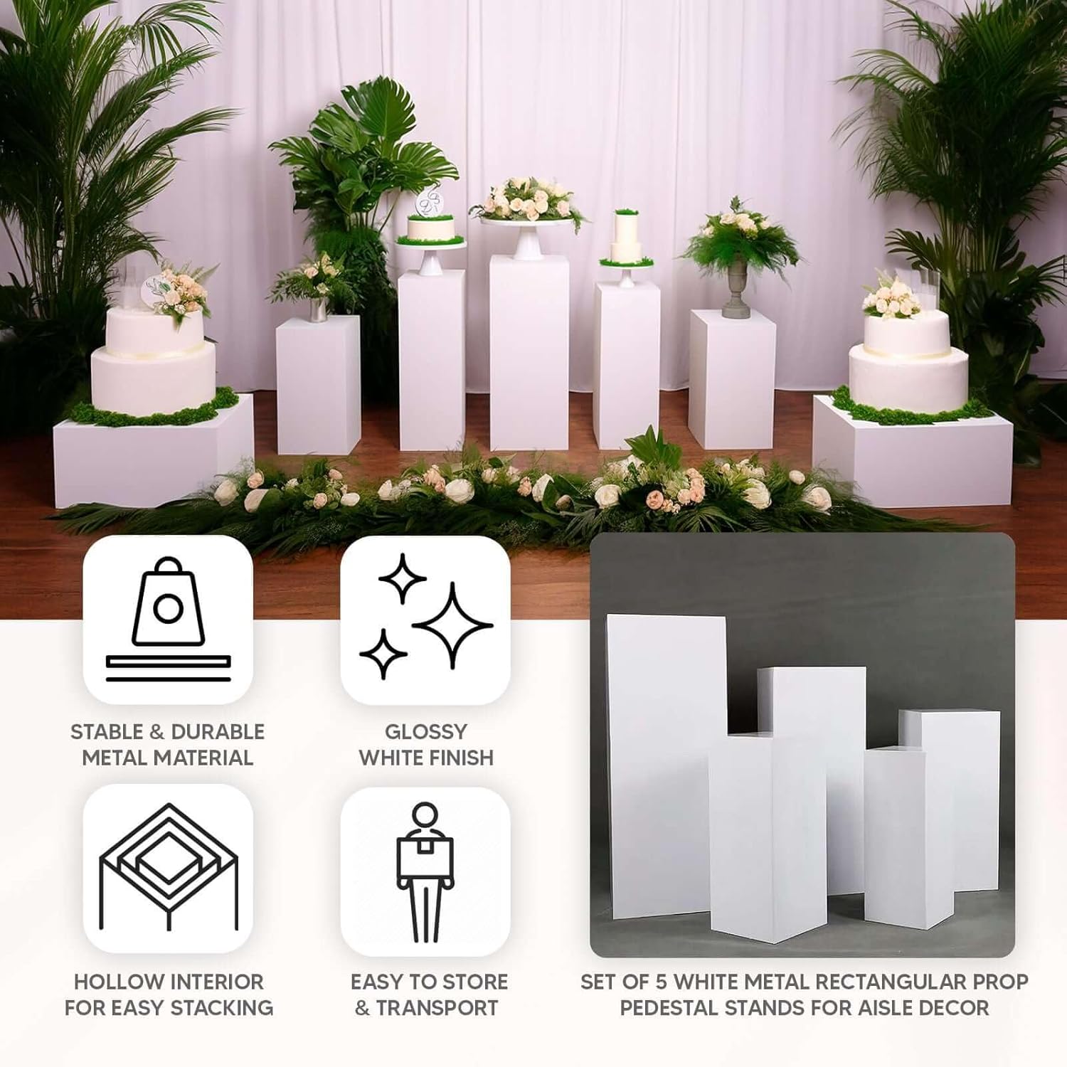 Set of 5 White Metal Rectangular Display Pedestals