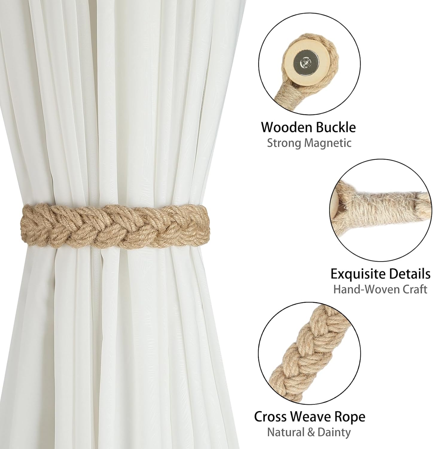BEL AVENIR Magnetic Jute Curtain Tiebacks 4 Pack