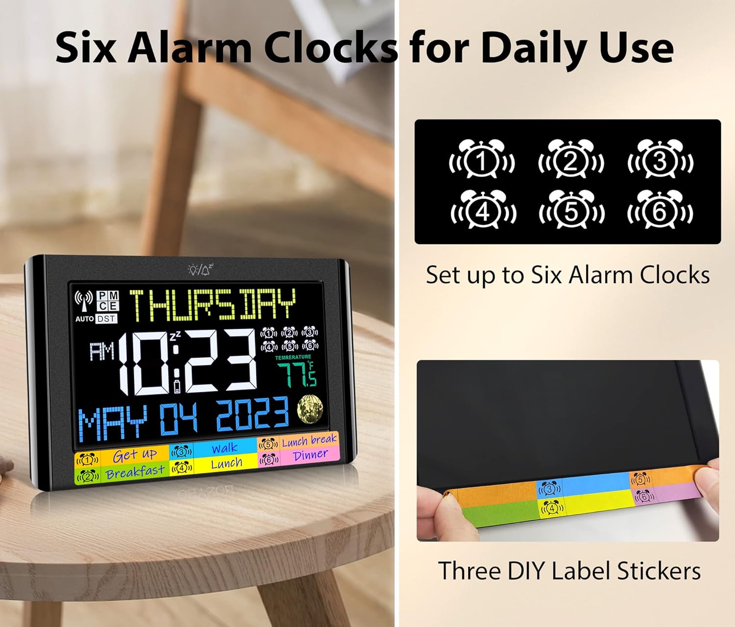 BOZYBO Digital Clock with 6 Alarms and Temperature