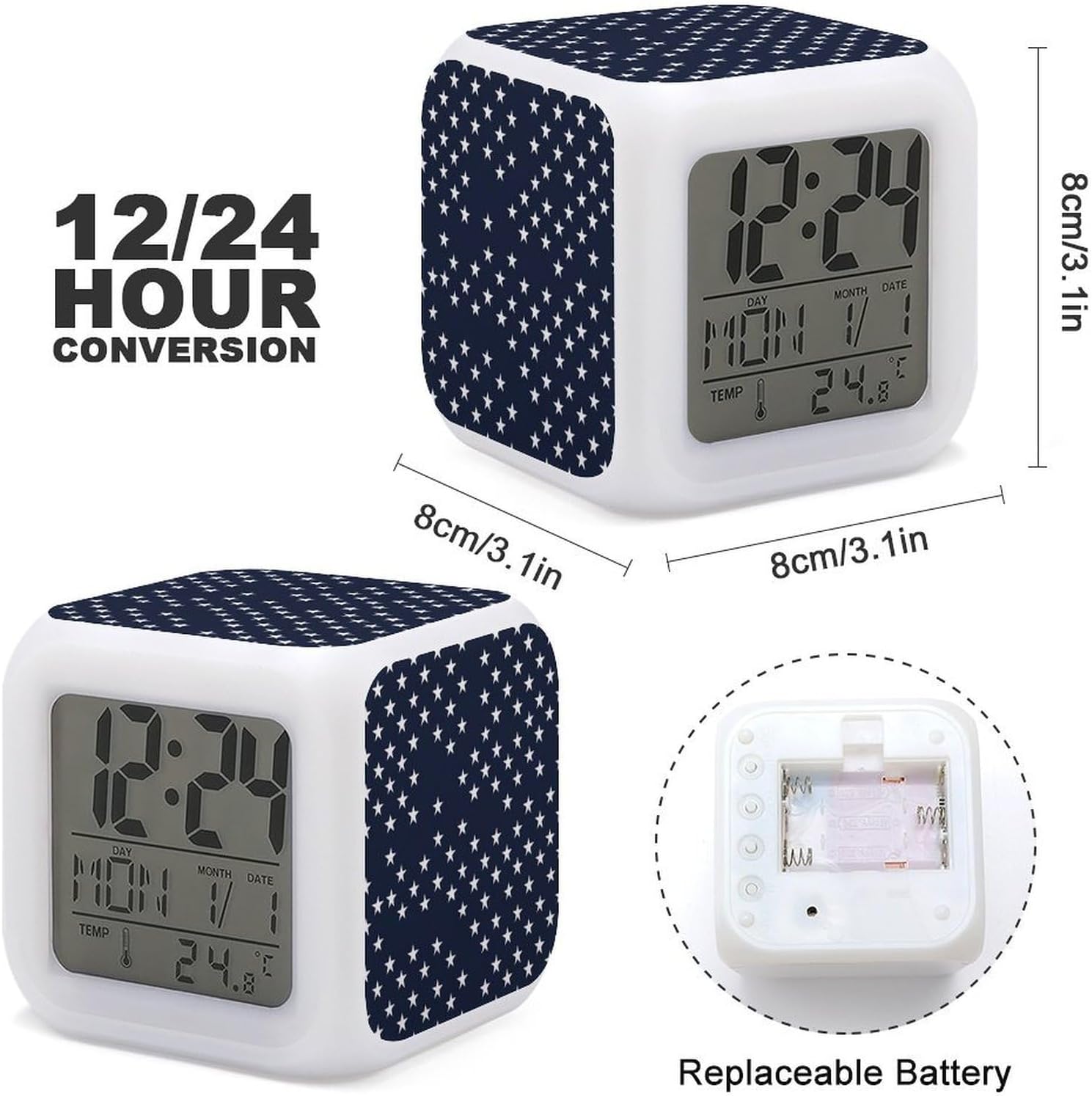 USA Star Color Changing LED Alarm Clock with Time Date Temperature