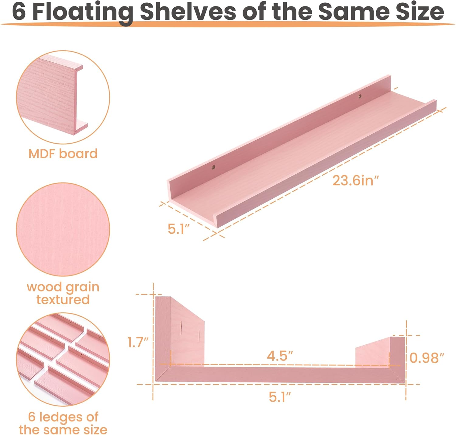 Upsimples Pink Floating Wall Shelves 6 Pack