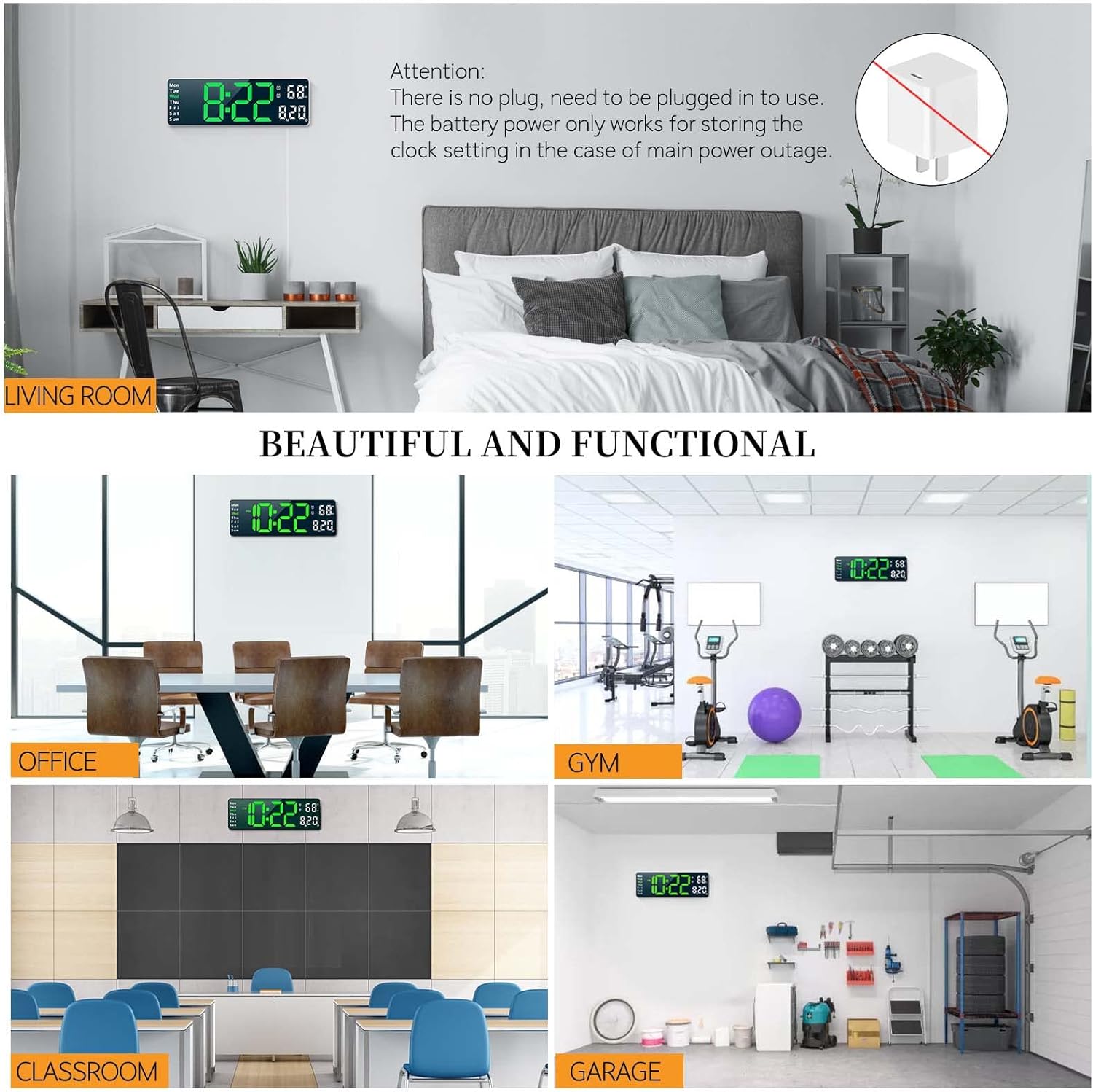 13-inch LED Digital Wall Clock with Remote Control
