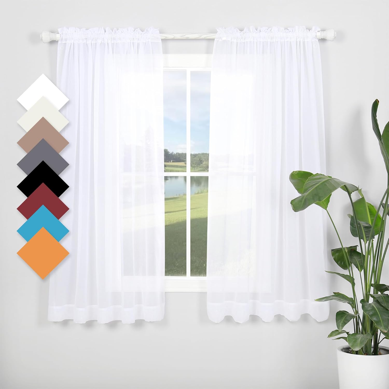 White Sheer Curtains 54 Inch Length 2 Panels Set
