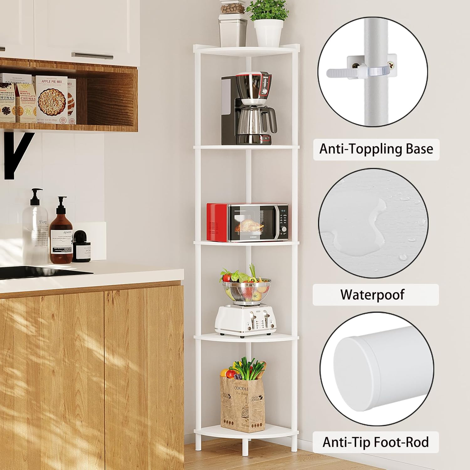 SUNMORY 5 Tier Corner Shelf Stand for Living Room Decor Wall Corner Bookshelf Storage White