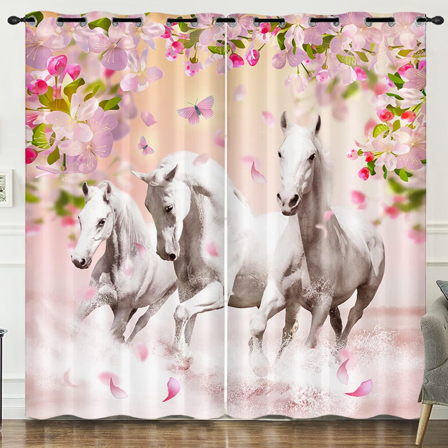 HOSIMA 3D Printed Horses and Flowers Curtains Set
