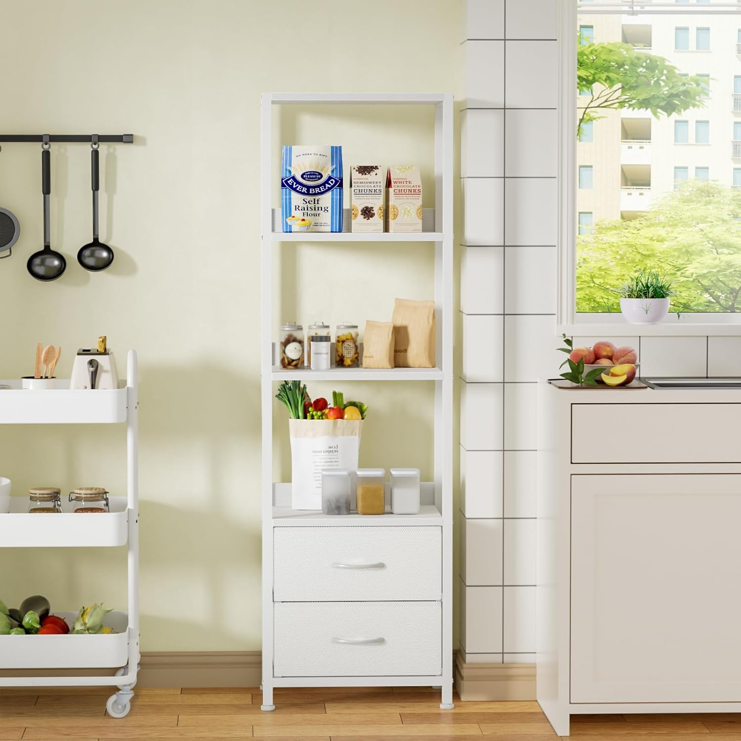 Furnulem 4-Tier Corner Bookshelf with Drawers