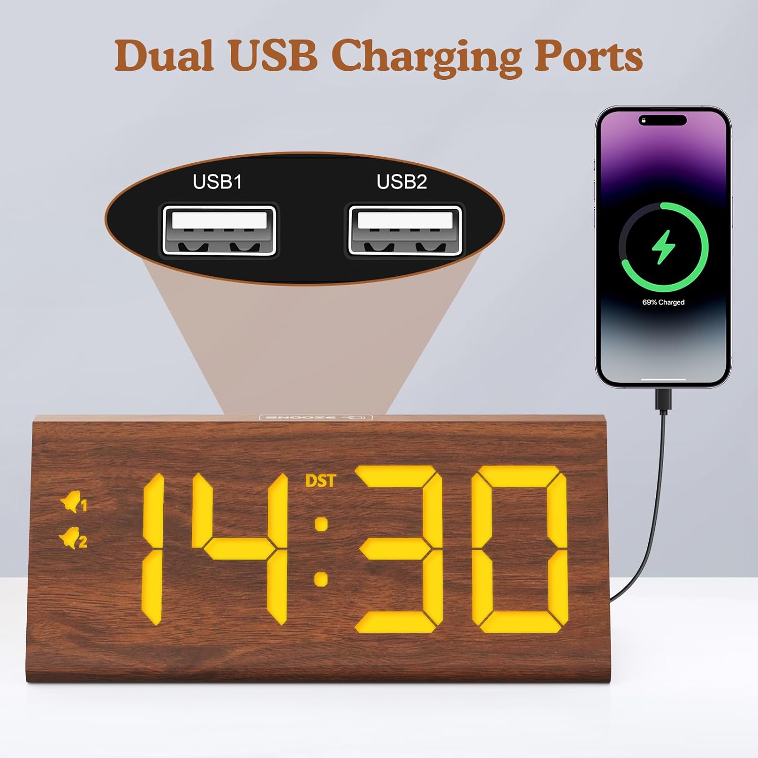 Wooden Digital Alarm Clock with Dual USB Ports and Dimmer